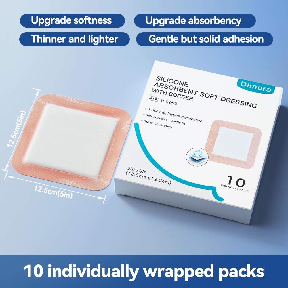 Dimora Silicone Super Absorbent Wound Dressings - Gentle Adhesive Bandages with Ultrasorb Polymer,Heavy Exudate Wound Care Pads 5"X 5" 10 Packs