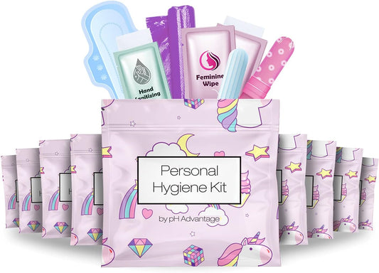Menstrual Kit All-in-One 10 Pack | Convenience on The Go | Period Kit Pack for Travelling, Tweens & Teenager | Individually Wrapped Feminine Hygiene Product (Rainbows and Unicorns)