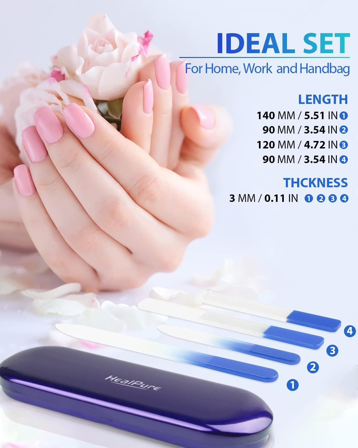 Glass Nail File and Nail Shiner, 4PC Crystal Nail File and Nano Glass Nail Buffer, Premium Set with Case, Professional Manicure Tool Fingernail Czech File for Natural Nail, Gift for Women and Girls