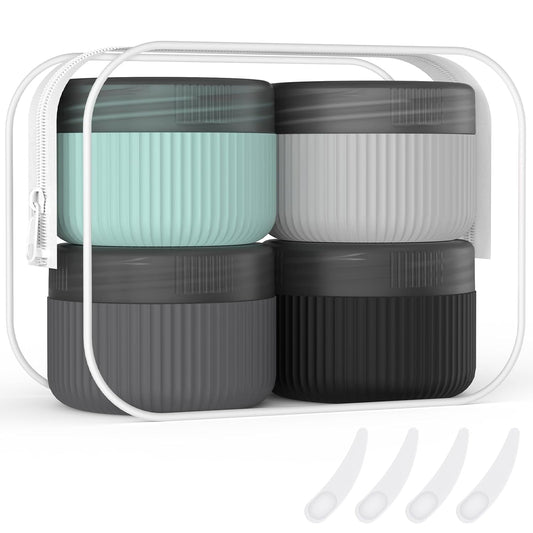 ME.FAN Travel Containers for Toiletries, TSA Approved 1.5 oz Silicone Cream Jars, Leak-proof Journey Containers, Trip Accessories with Lid for Cosmetic Face Hand Body Cream 4 Pack Black Lid - Grey