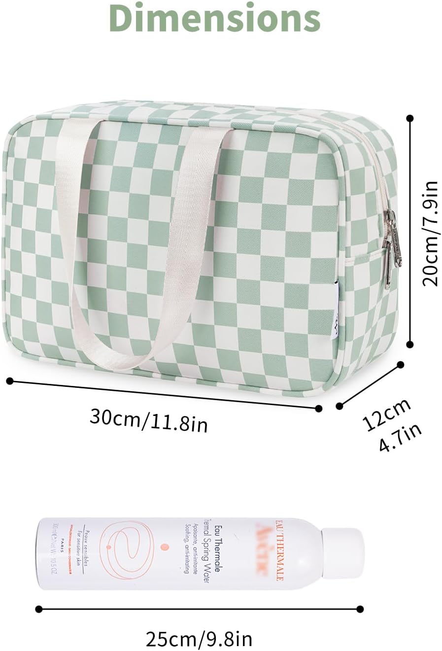 Narwey Large Checkered Travel Toiletry Bag Women Toiletries Bag Skincare Bag Makeup Bag with Handle Make up bag Organizer Cosmetic Bag Medicine Bag for Girls (Mint Green Checkerboard, Large)