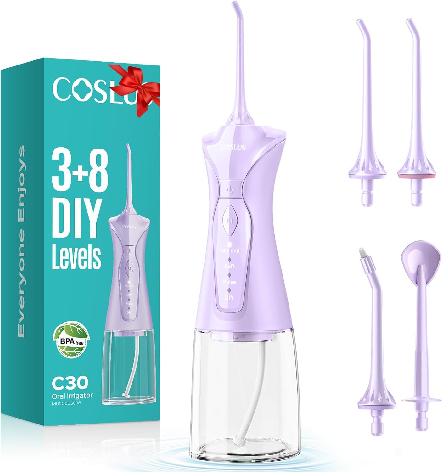COSLUS Water Dental Flosser Pick for Teeth: 4 Modes Cordless 300ML Larger Tank Portable Water Teeth Cleaner Picks IPX7 Waterproof Flossing Machine for Home Travel Purple C30(FC5360)