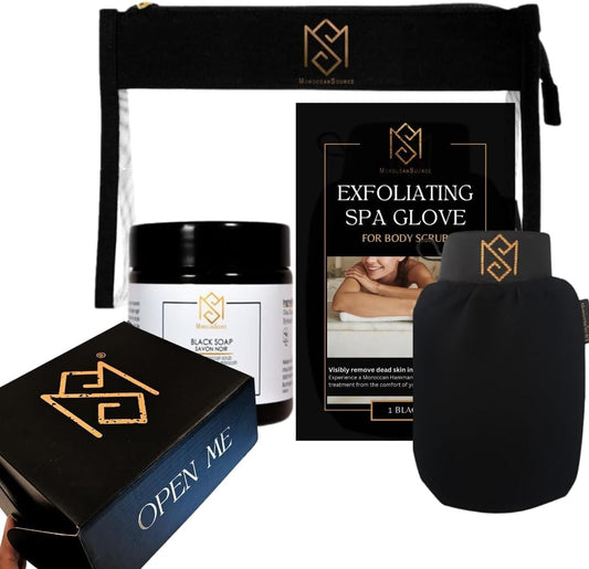 Exfoliating Glove Kessa Mitt Body Scrubber - Dead Skin Remover Shower Glove for Dead Skin Scrubbing and Deep Pore Cleansing - by MoroccanSource (3 Piece spa Set)