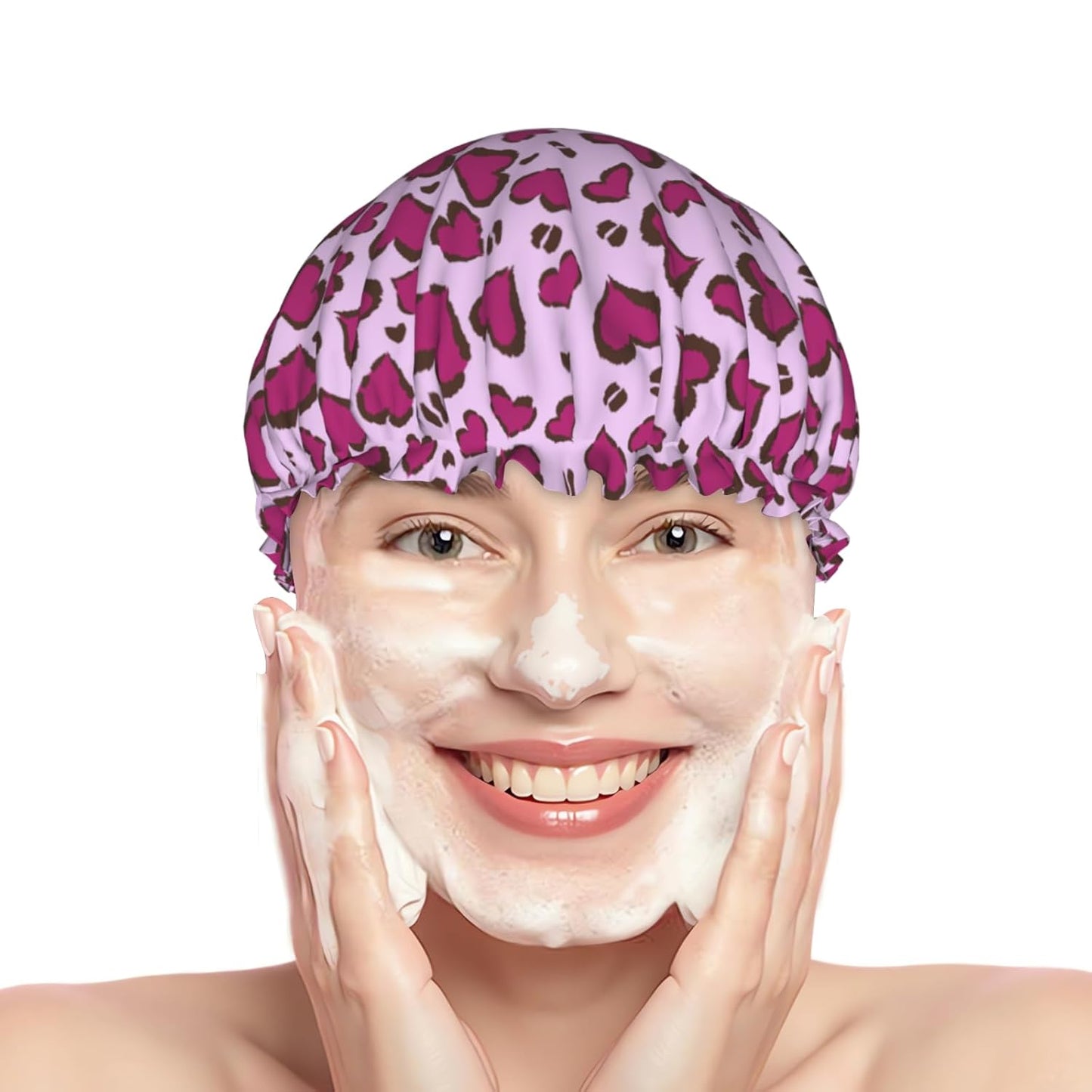 Leopard Print Shower Caps Purple Heart Dual-Layer Waterproof Bath Hat Reusable Hair Caps Elastic Hair Hat for Shower Cooking Clean Makeup Travel