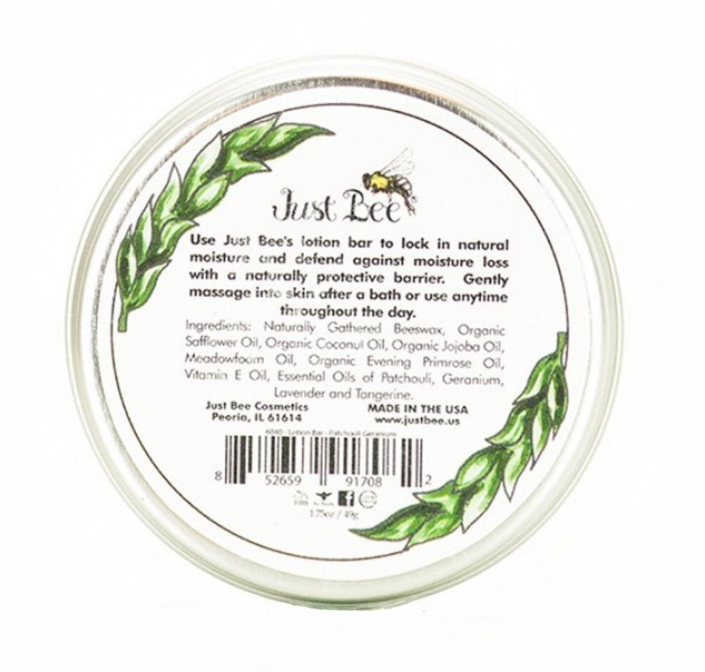 Just Bee Lotion Bar 100% Natural Organic Naturally Gathered Beeswax Patchouli Geranium