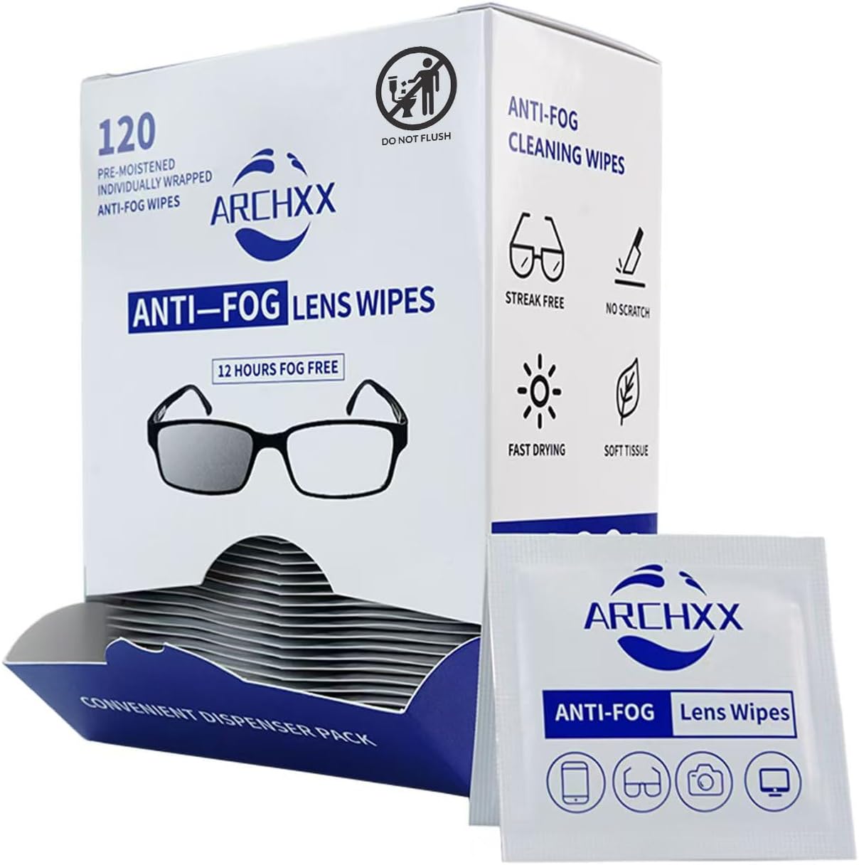 Anti Fog Wipes for Glasses, 120 Count,Pre-Moistened Cleaning Wipes, Lens Cleaner Wipe for Eyeglasses,Sunglasses,Goggles,Screen,Phone,Individually Wrapped Eye Glasses Cleaner
