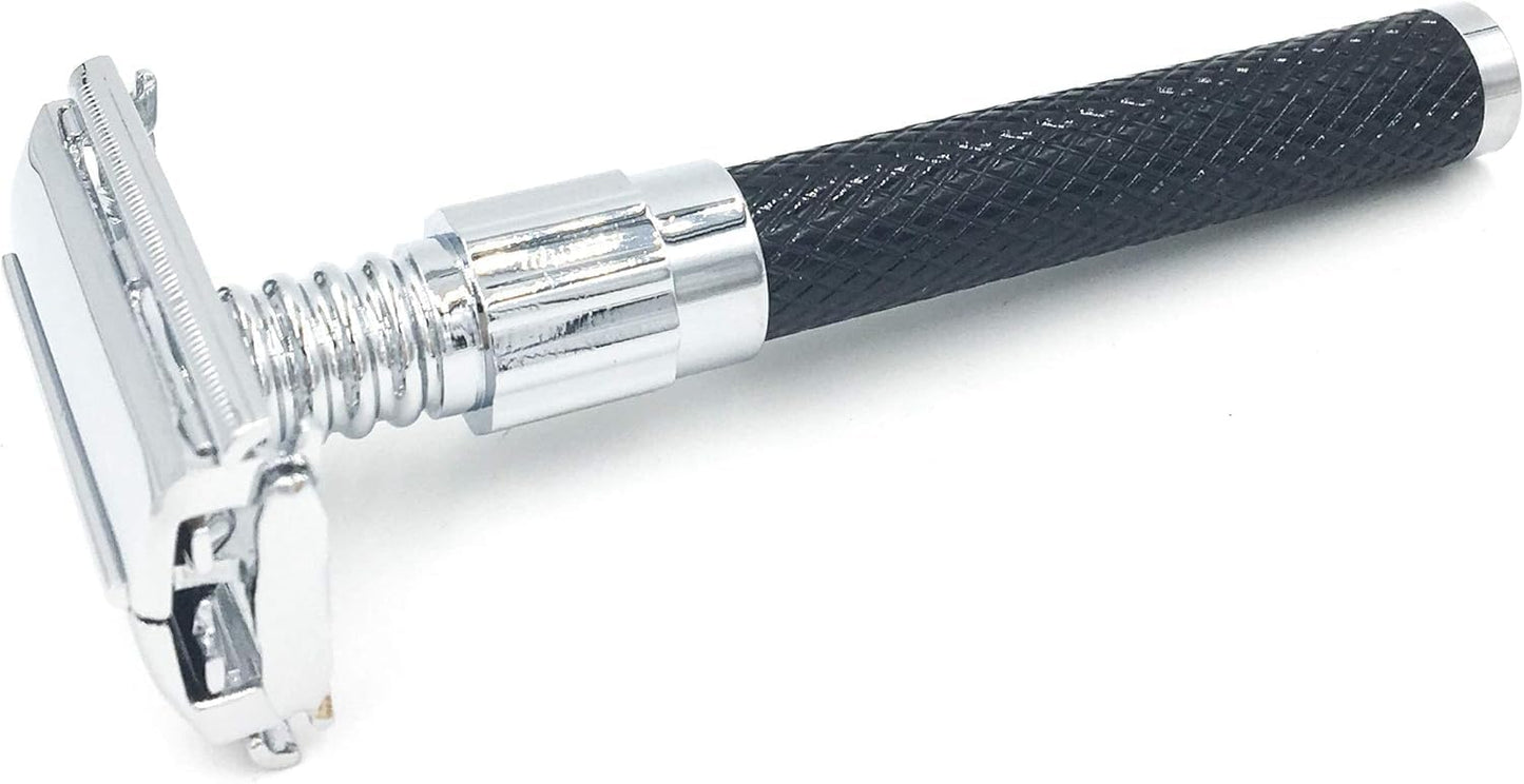 Parker 92R Graphite Gray, Long Handle Heavyweight Butterfly Open Double Edge Safety Razor for Men, 5 Parker Premium Platinum Double Edge Razor Blades Included