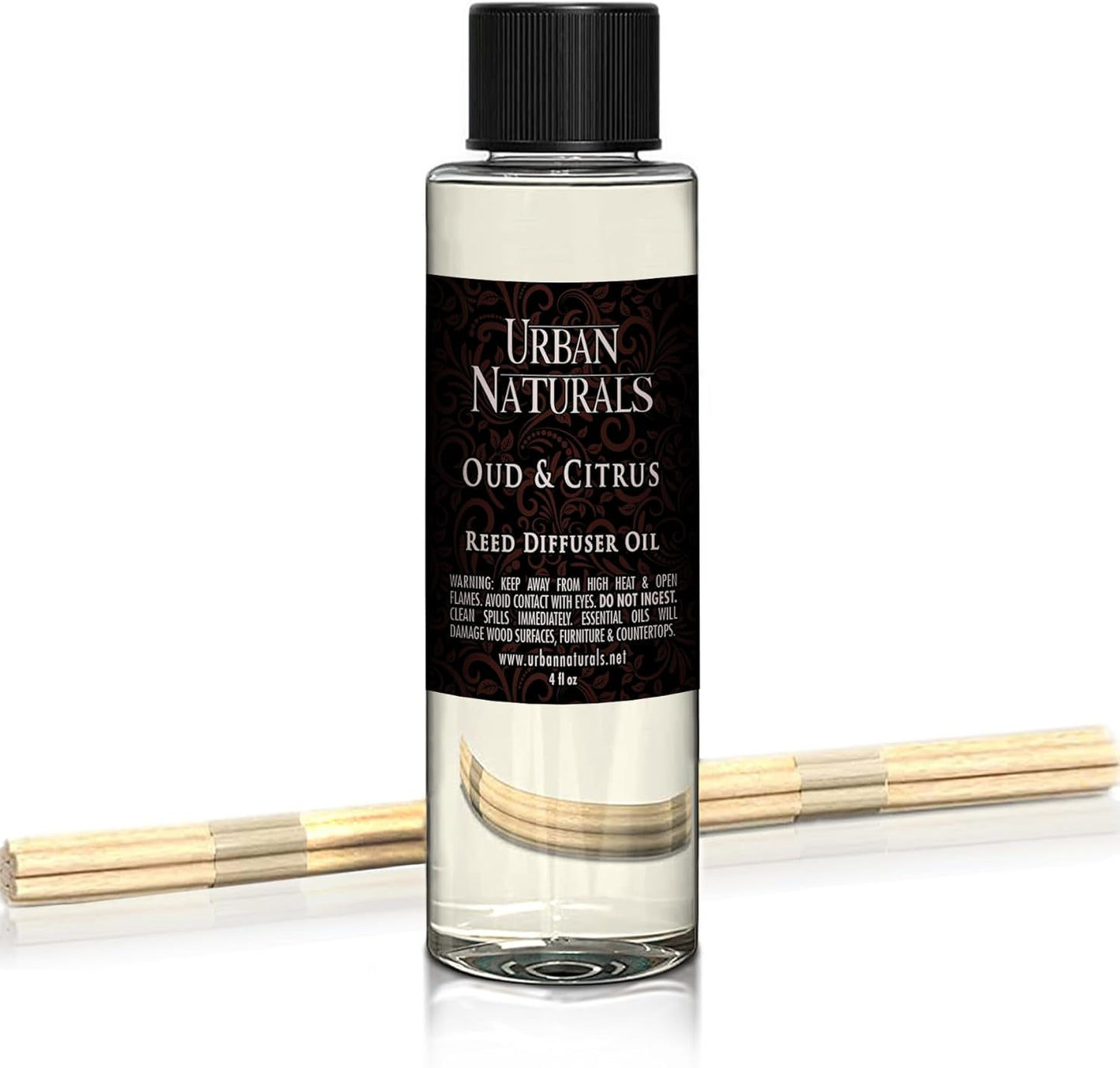 Urban Naturals Reed Diffuser Oil Refill, Oud & Citrus Diffuser Oils with Oud, Cedar, Citrus, Amber, 4 oz + Free Reed Sticks, Made in The USA