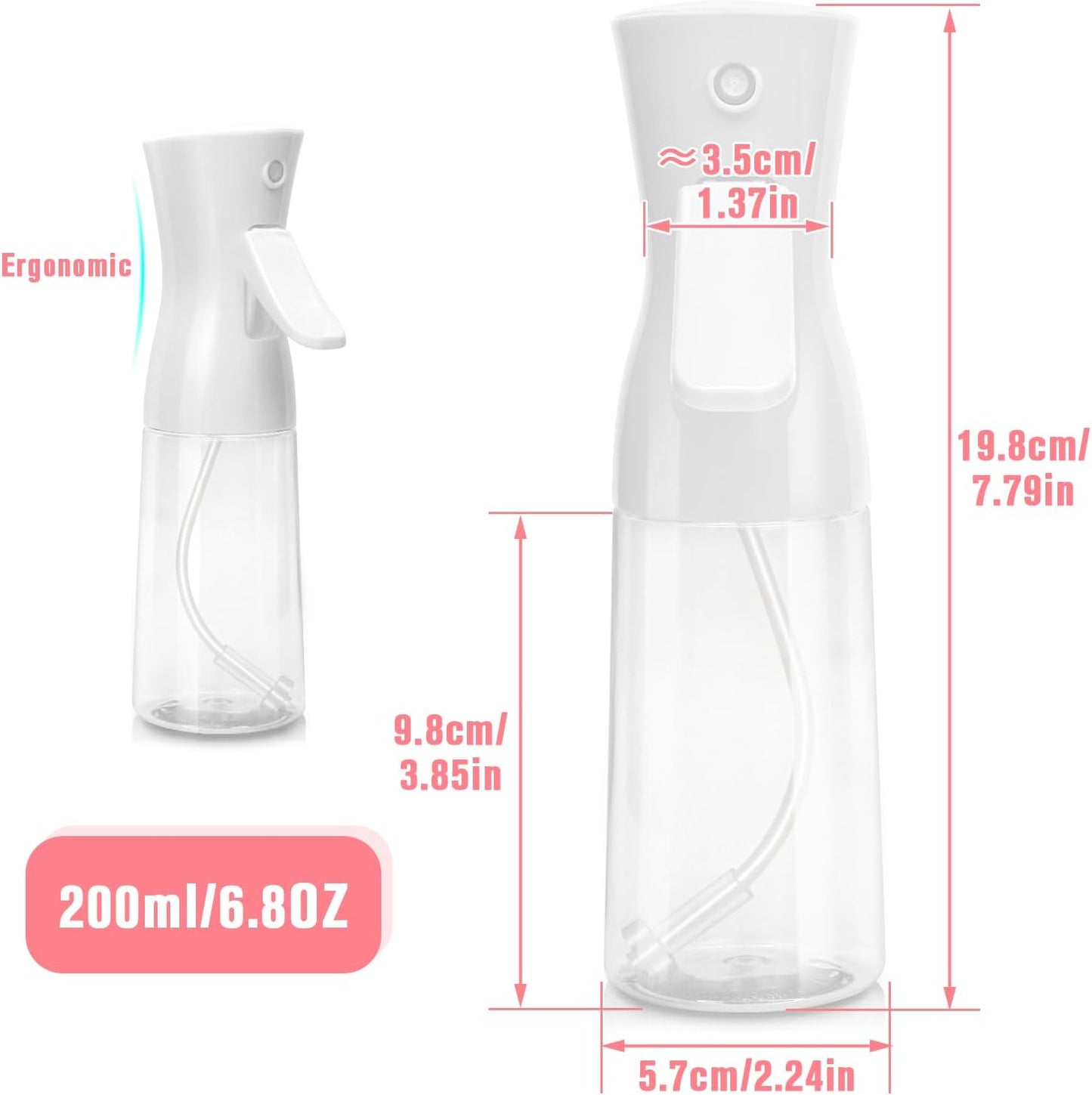 Continuous Spray Bottle,Hair Spray Bottle,Plants Water Spray Mist Bottle,Ultra-Fine Spray Bottle for Hair,Skincare, Plant Care, Pet Grooming, Cleaning,2 Pcs (6.8 oz White)