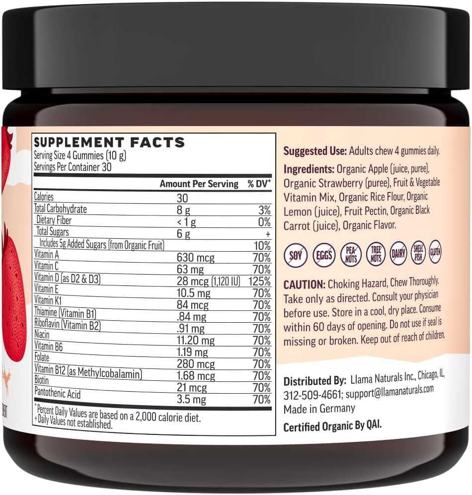 Llama Naturals Multivitamin for Women, Vegan, Organic Gummies with Vitamin D, C and K, Women's Real Fruit Gummy Vitamins, Chewable Multivitamin Supplement, No Added Sugar Cane, Strawberry, 120 Ct