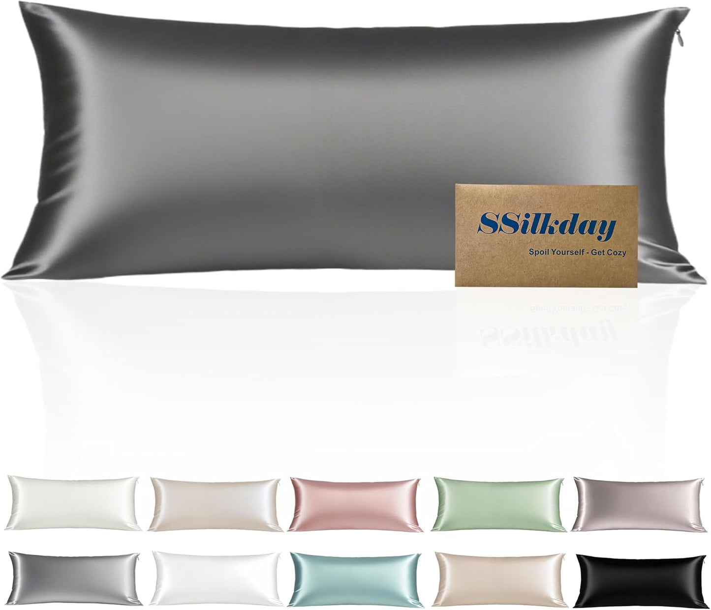 Mulberry Silk Body Pillow Pillowcase with Zipper, Ultra Smooth Soft Breathable Cooling Pillow Cases for Hot Sleepers, Silk Satin Body Pillow Cover for Hair and Skin (Dark Grey, 20×54 Inches, 1 Pack)