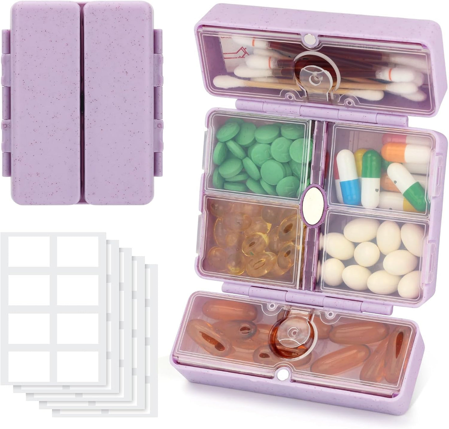 Zentiky Small Daily Pill Organizer with Labels, Medicine Pill Organizer Fit with Your Purse or Pocket for Travel to Hold Vitamin, Fish Oil, Supplement,Cotton Swabs, Bandages or Jewelry-Purple