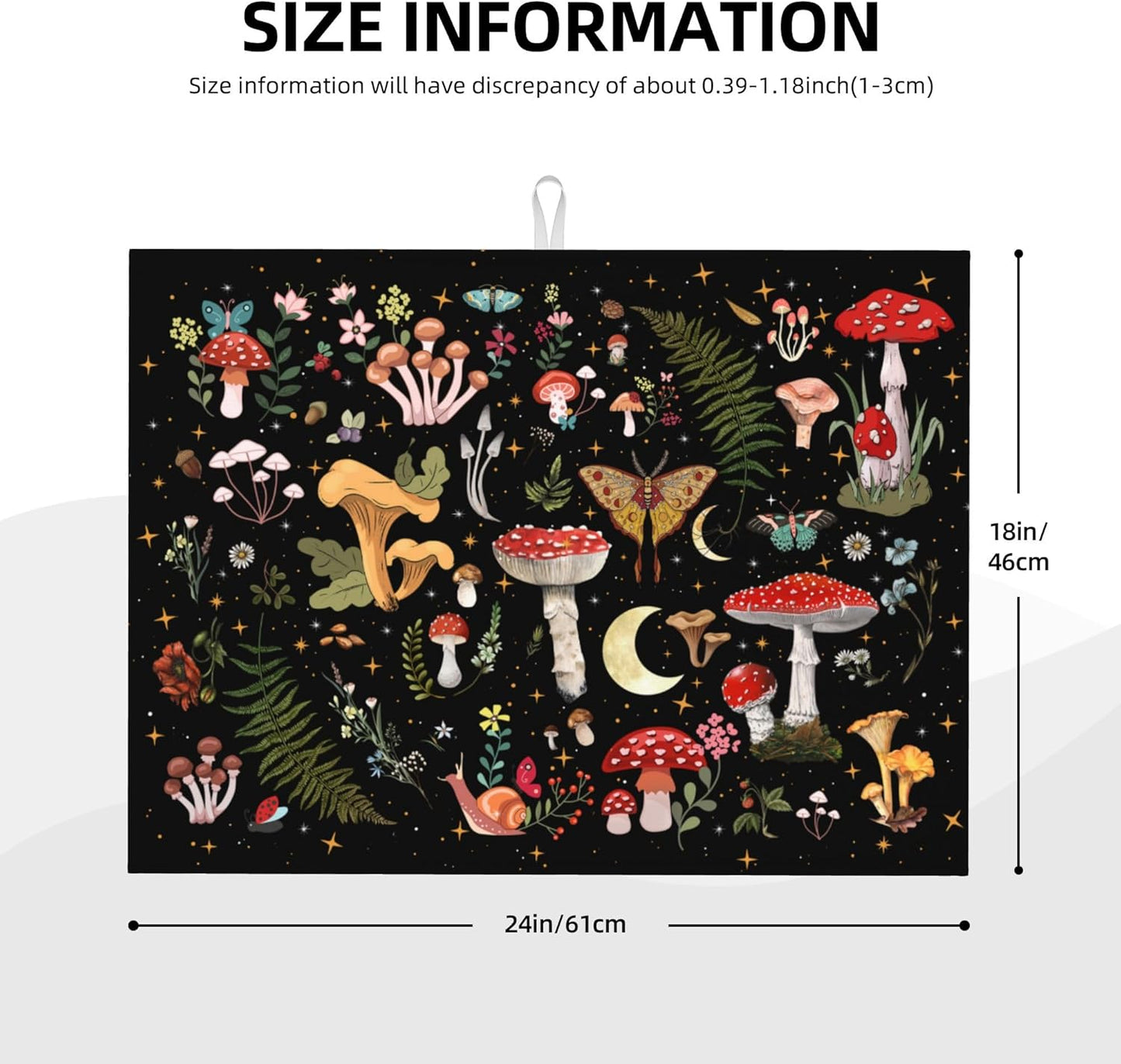 Mushroom Dish Drying Mat for Kitchen Counter 18"x24" Moth Gothic Witchy Dishes Pad Dish Drainer Rack Mats Microfiber Washable Absorbent Kitchen Decor, Black