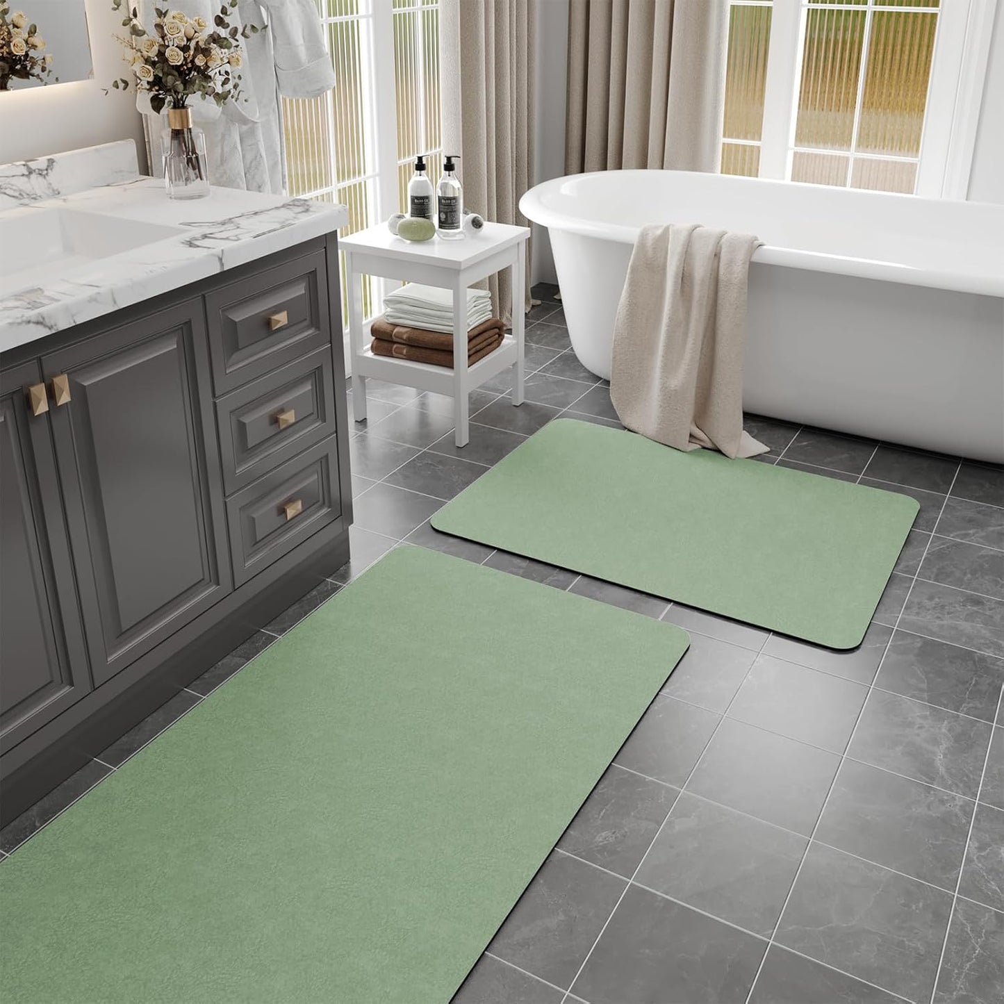 Sage Green Bath Mat Set 2 Piece - Quick Dry Super Absorbent Diatomaceous Earth Bathroom Rugs With Rubber Backing Non-Slip for Shower Floor, 47x17 + 24x17