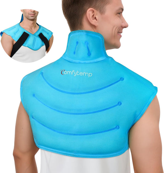 Comfytemp Large Ice Pack for Neck Shoulders Upper Back Pain Relief with Straps, Wearable Reusable Gel Ice Wrap with Cold Compression Therapy Recovery for Upper Back, Cervical (L)