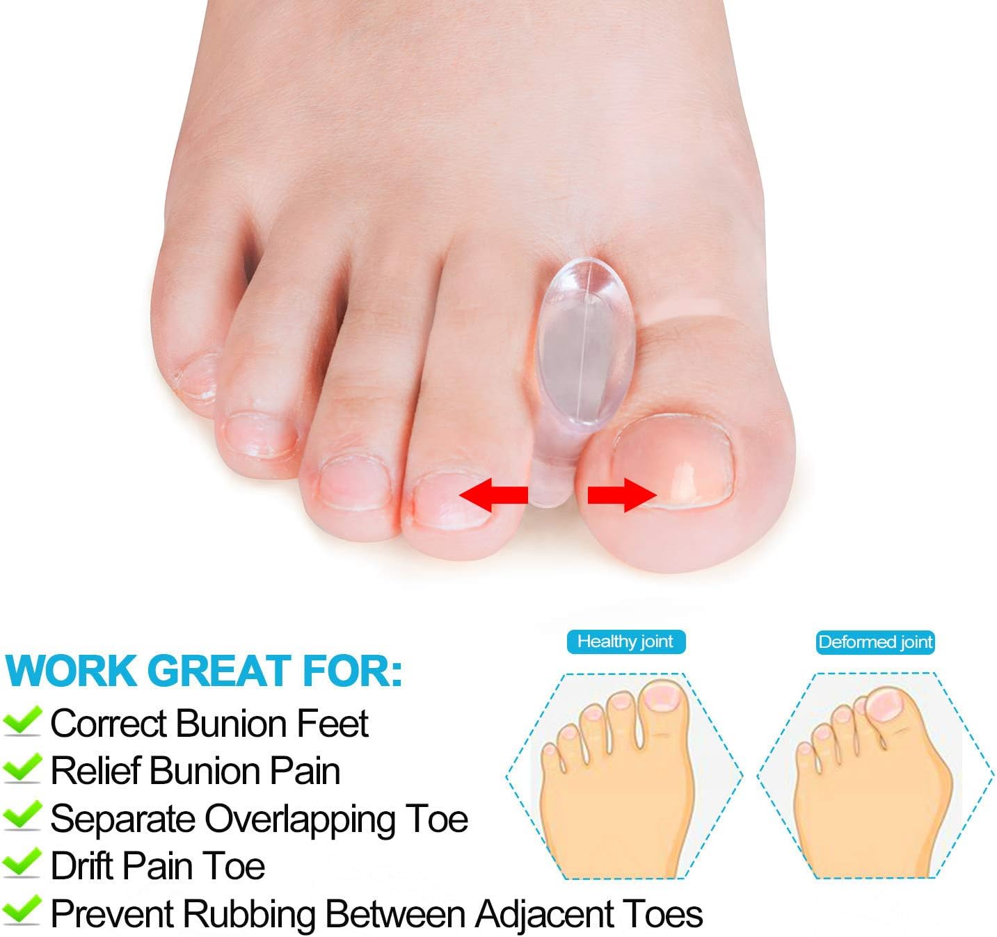 Povihome 10 Pack Gel Bunion Corrector and Toe Spacers Separators and Straightener Orthotics (4/10''Thick) for Sports Activities, for Men and Women Overlapping Toes, Bunion Pain Relief - Large Size
