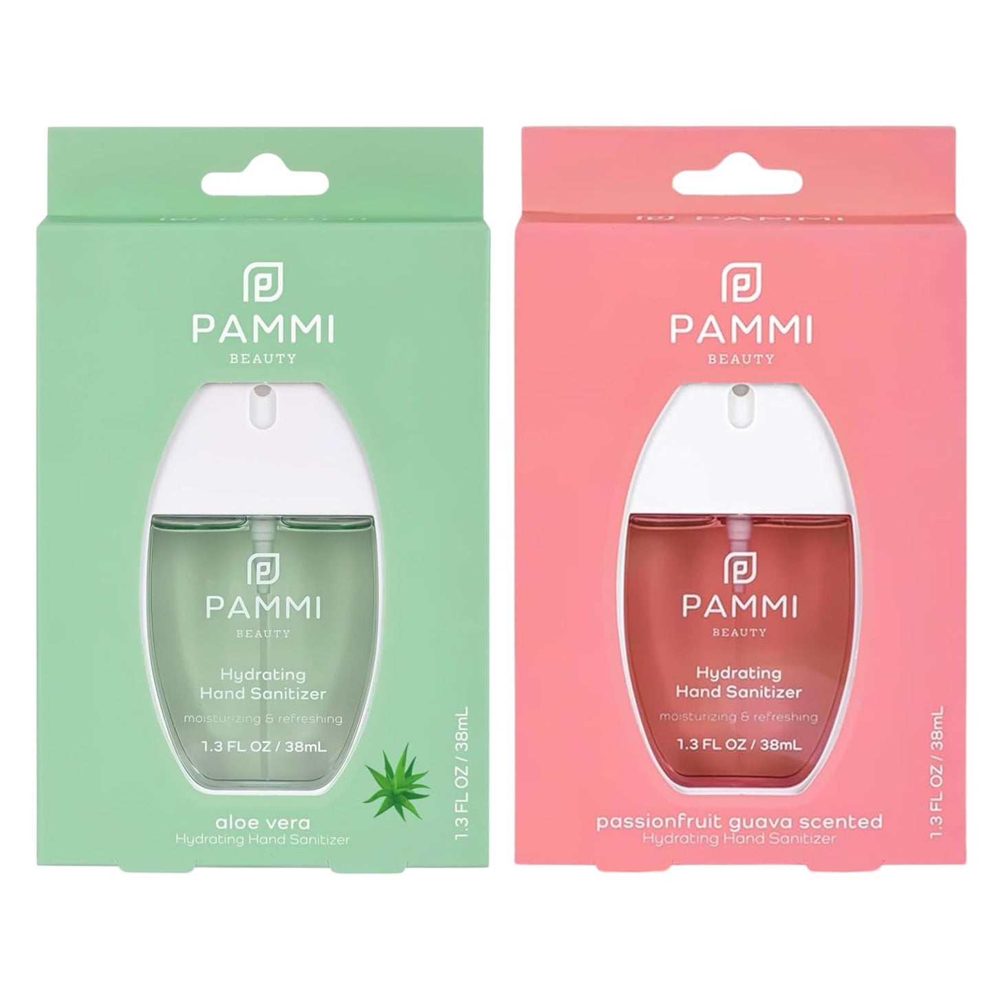 PAMMI Power Mist Hydrating Hand Sanitizer Spray, Portable Travel Size Pocket Hand Sanitizer, Scented Handsanitizer Mini Spray For Car - 600 Sprays (2 Packs (Aloevera, Guava))