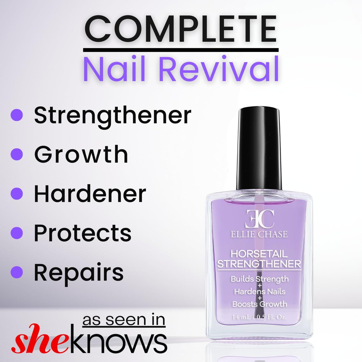 Ellie Chase Horsetail Nail Strengthener, Growth, Hardener, Repair Treatment Polish 0.5 OZ/Help Splits, Breaks, Thin, Weak, Chipped, Damaged, Cracked, Peeling Nails/Grow Strong Hard Thicker Nails