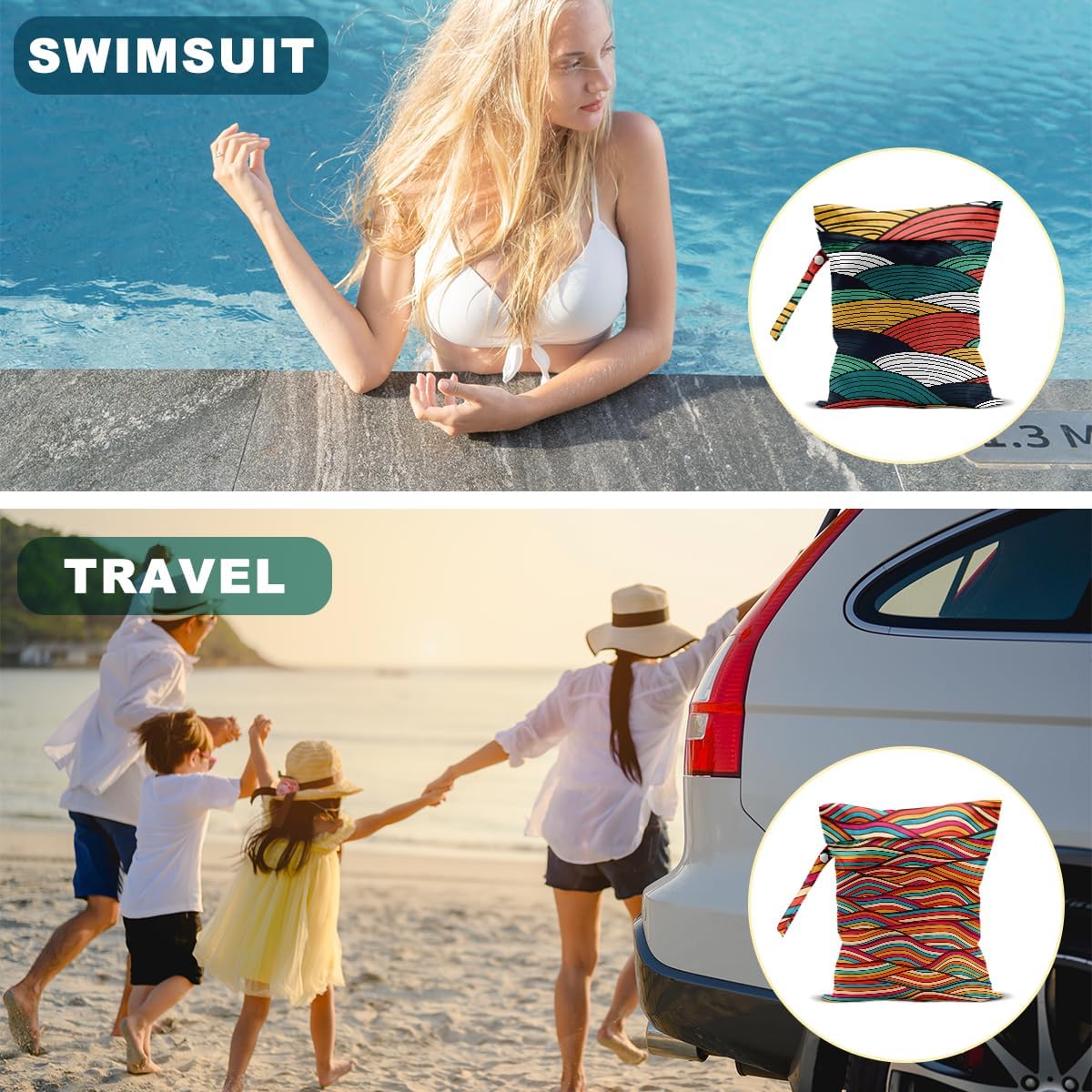 2Pcs Wave Print Wet Bags, Wet Dry Bag Reusable for Swimsuit, Travel, Diapers, Pool, Beach, Dirty Yoga Gym Clothes, Toiletries, Makeup Bag, Zipper Pouch Waterproof Birthday Christmas Gifts