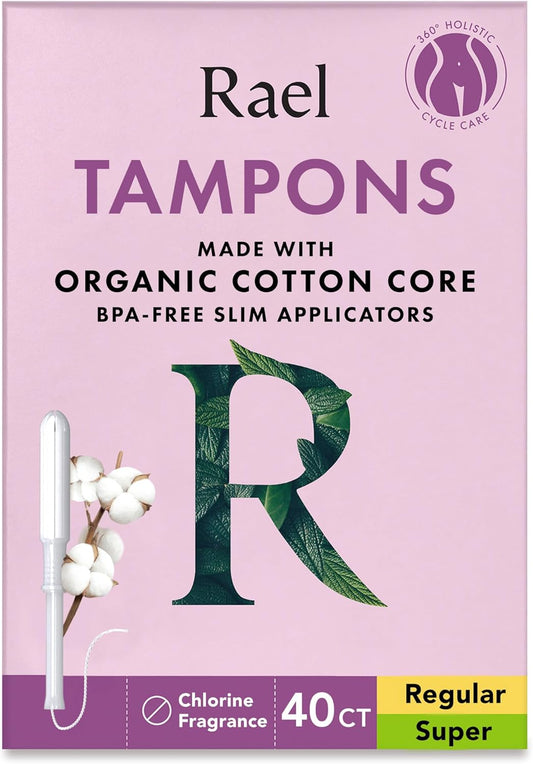 Rael Tampons, Slim Applicator with Organic Cotton Core, Multipack, Regular and Super Absorbency, BPA-Free, Leak Locker Technology, Unscented, Chlorine-Free (40 Count, Bundle)