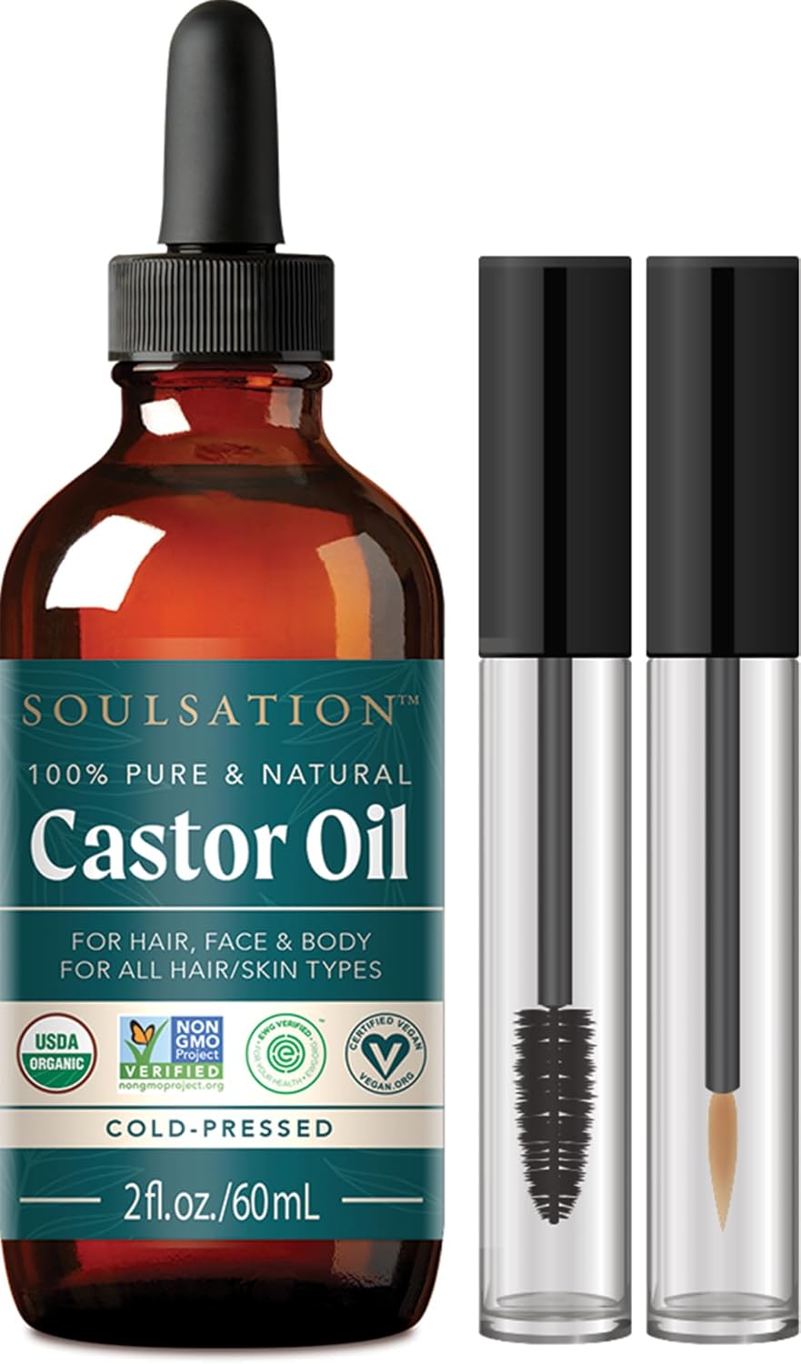 Organic Castor Oil for Eyelashes, Hair & Skin (2oz with Eyelash Kit) | 100% Pure, Natural Cold Pressed