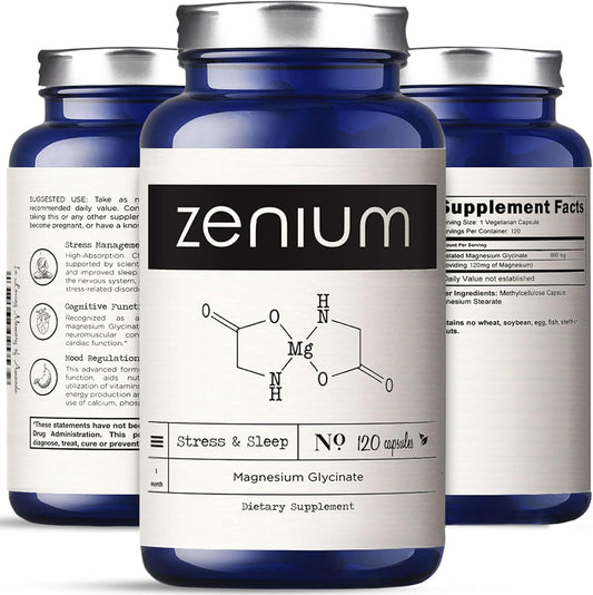 Zenium - Magnesium Glycinate 600 mg per Serving, 120 Capsules | Relieve Stress, Tension, Worry, Nervousness, & Irritability | Calm The Mind & Body | Ayurvedic | Natural Relief Supplement
