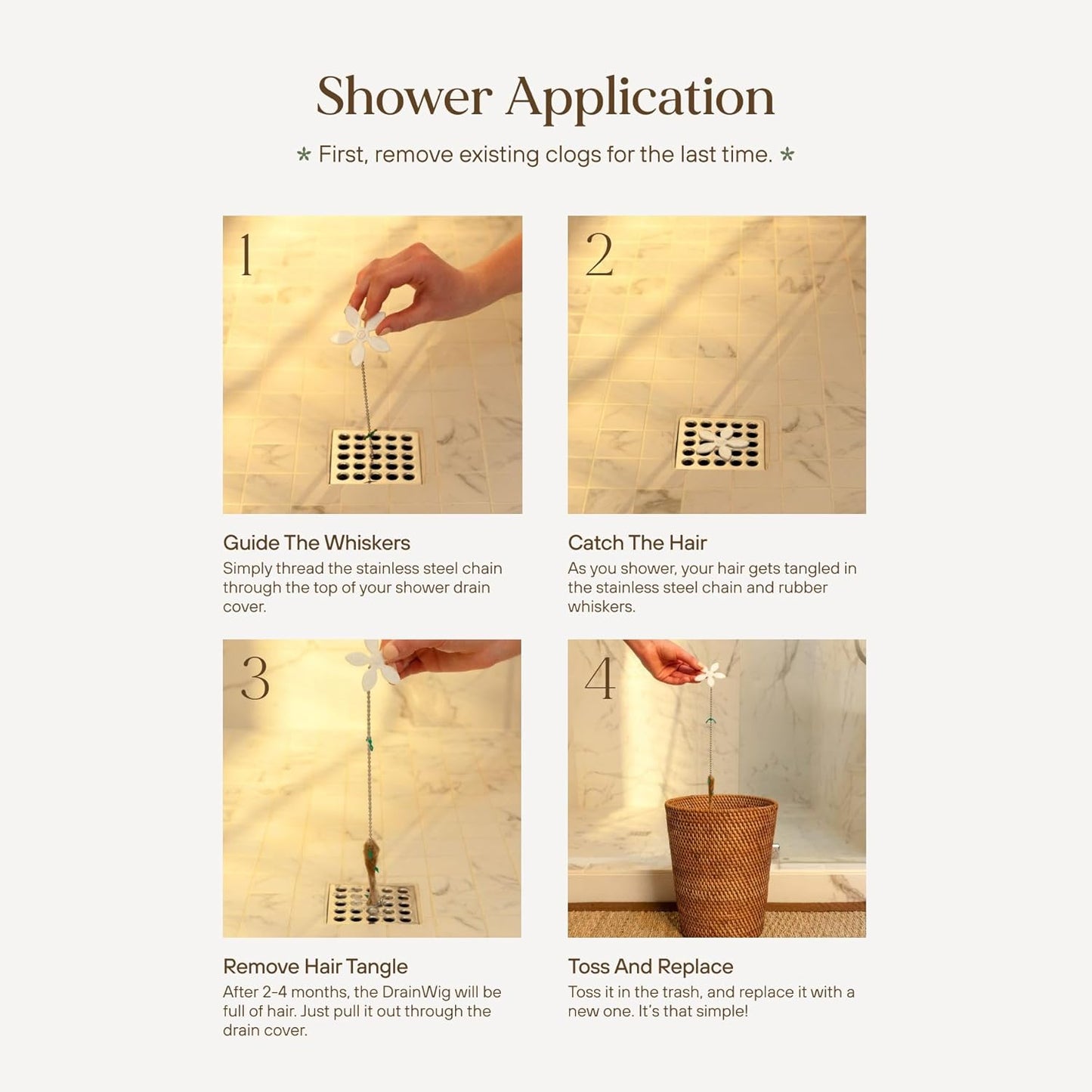 DrainWig Shower Drain Hair Catcher – Disposable White Flower (4-Pack) – No-Touch Hair Removal for Flat Shower Drains – As Seen on Shark Tank