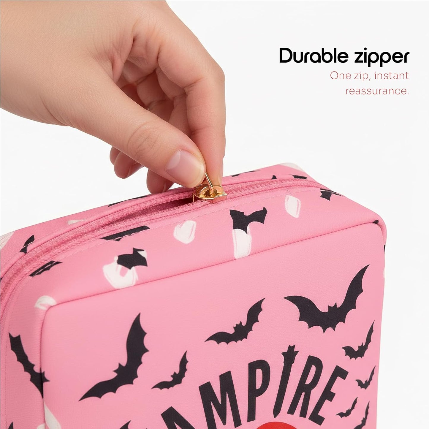 Primo Lines Period Bag for School – Compact Discreet Tampons & Pad Pouch with Waterproof Lining, Cute & Stylish Period Pouches for Teen Girls for School and Travel, First Period Kit (Vampire Teabags)