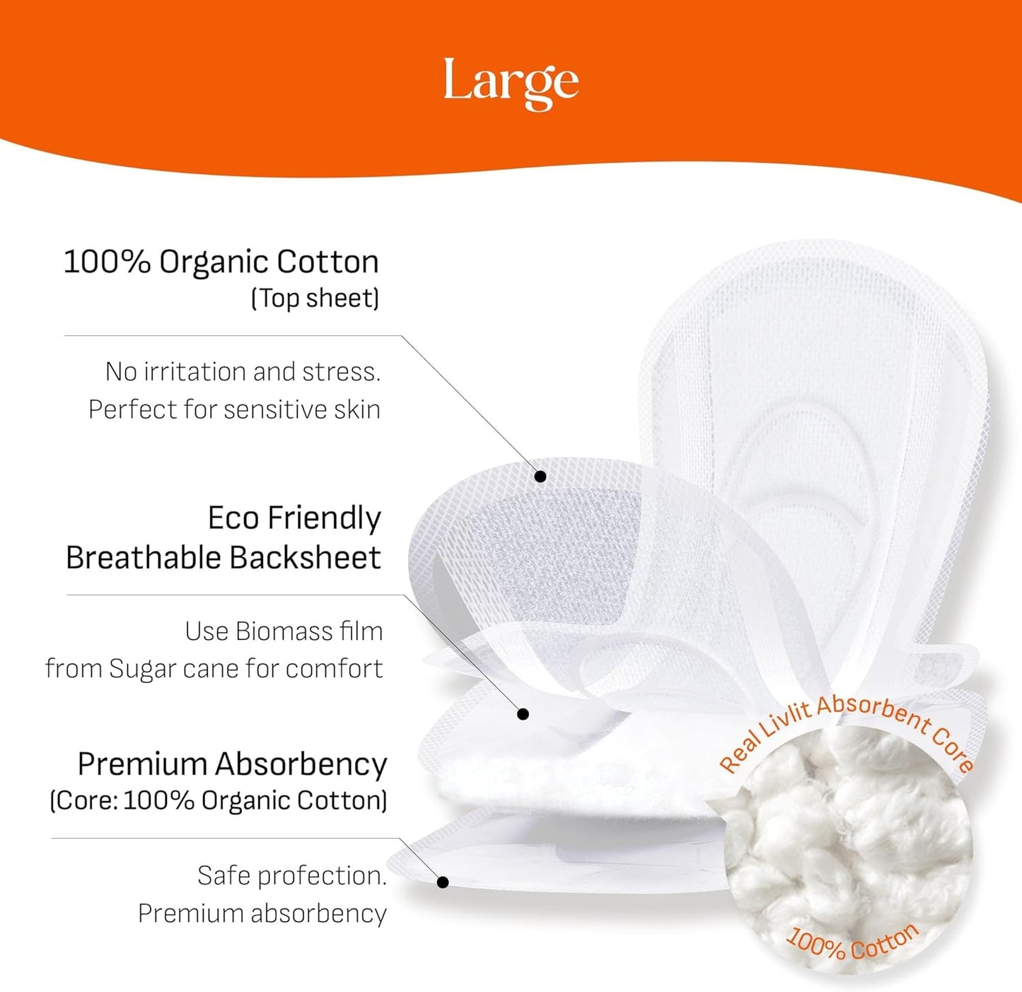 Livlit Large Size Ultra Thin Sanitary Pads, 100% Organic Cotton from Texas, Powerful Leak Protection, Unscented, Chlorine Free and Absorbency of Feminine Periods, Pads for Women (12 Count)