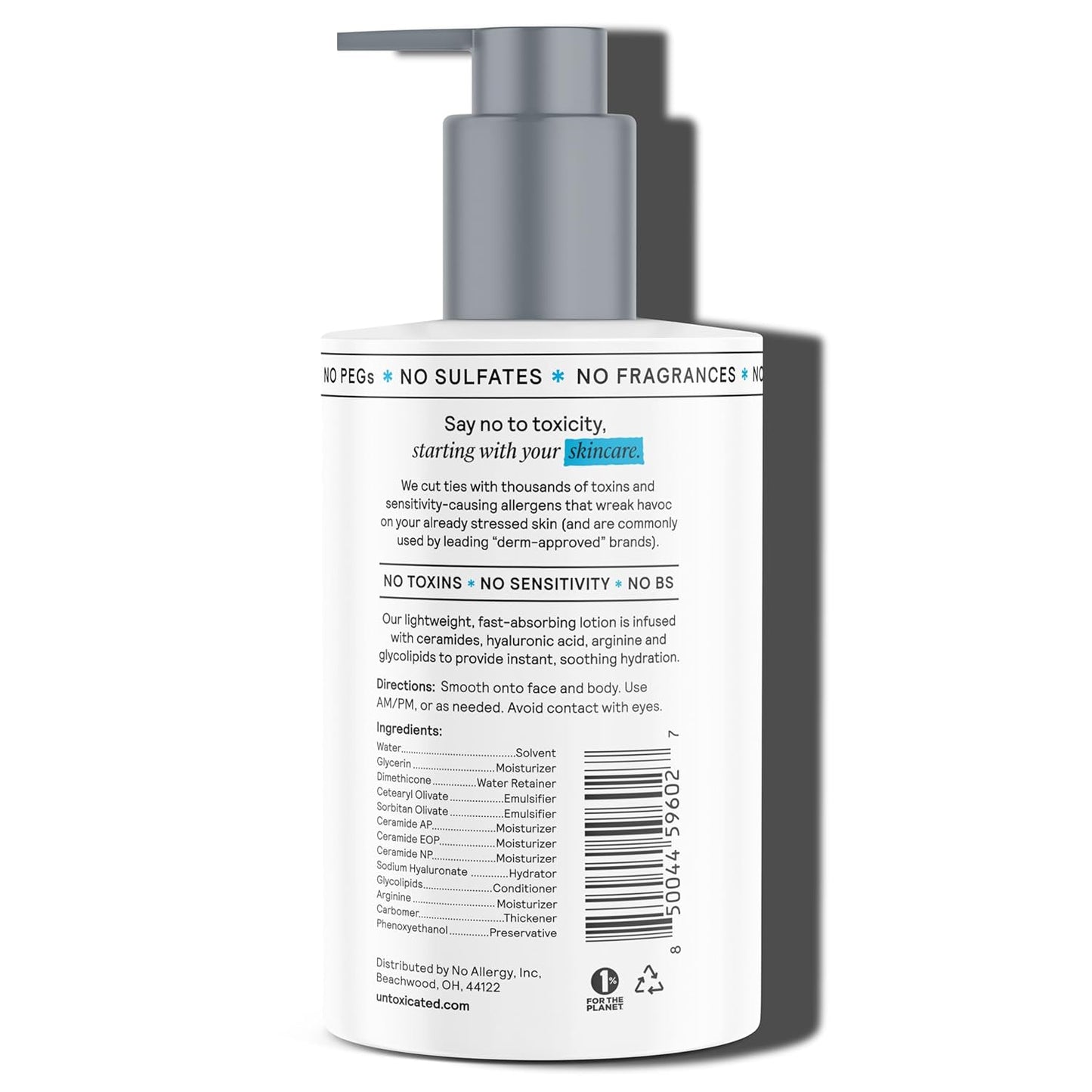 Untoxicated Moisturizing Lotion - Daily Face Moisturizer & Body Lotion for Sensitive Skin - Ceramides & Hyaluronic Acid - No Common Irritants - Non-Comedogenic - Oil-Free - Fragrance Free - 10 Ounce