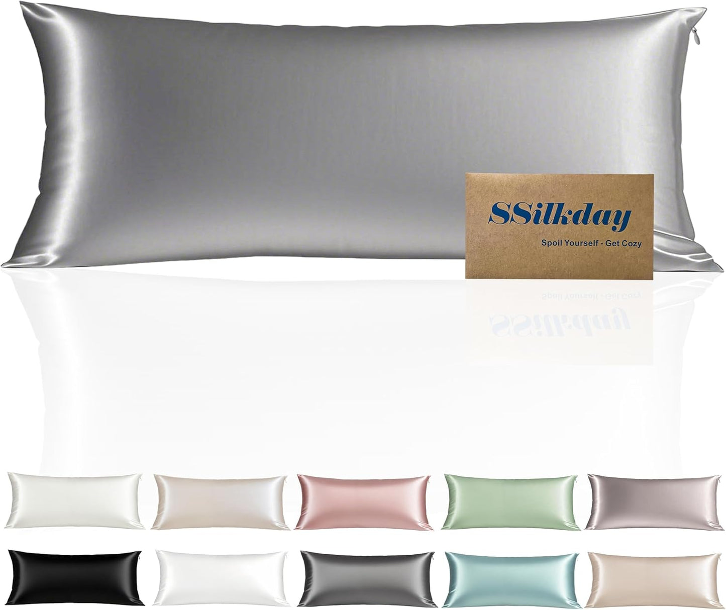 Mulberry Silk Body Pillow Pillowcase with Zipper, Ultra Smooth Soft Breathable Cooling Pillow Cases for Hot Sleepers, Silk Satin Body Pillow Cover for Hair and Skin (Silver Grey, 20×54 Inches, 1 Pack)