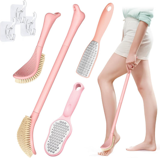 New Foot Brush & Foot Files Set(3PCS), 3-in-1 Foot Scrubber with Long Handle, 10.2’’-27.5’’Adjustable Foot Scrub Brush and 2 Upgrade Foot File Callus Remover, Gift-Box Packed(Pink+2*Foot File)