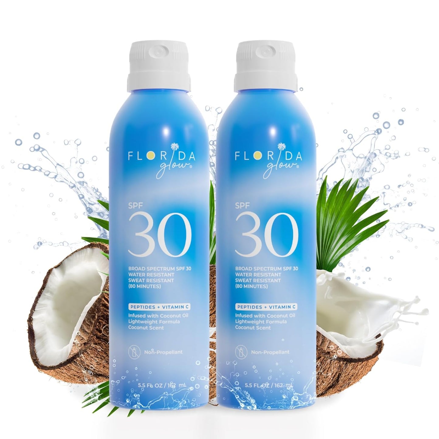 Florida Glow SPF 30 Sunscreen Spray - Hawaii 104 Reef Act & Florida Keys Compliant Broad Spectrum Water Resistant Sport Sun screen - Child Friendly Oxybenzone & Octinoxate Free (SPF 30 2-pack)