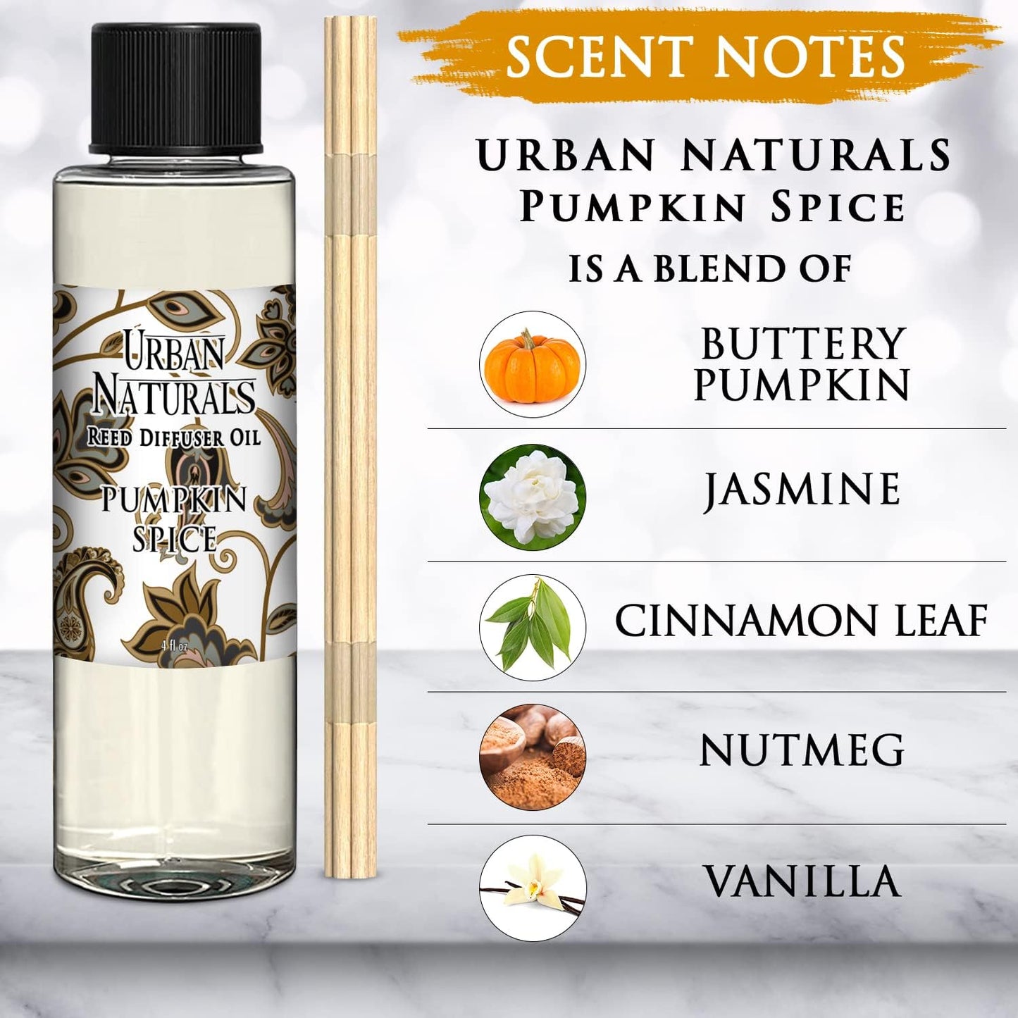 Urban Naturals Pumpkin Spice Scented Oil Reed Diffuser Refill | Includes a Free Set of Reed Sticks! 4 oz.