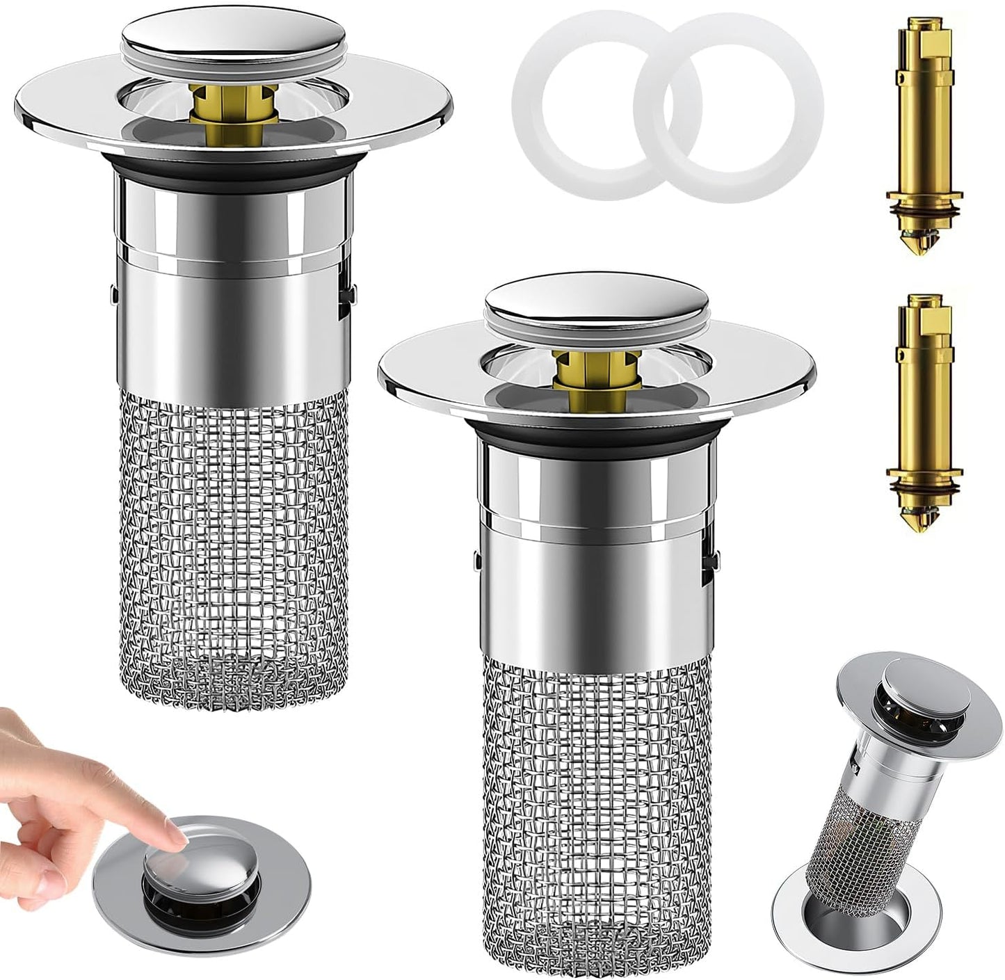 2Pcs Bathroom Sink Stopper Hair Catcher,Pop Up Sink Drain Filter with Removable Stainless Steel Filter Basket Hair Catcher, for US 1.1''-1.29'' Drain, Bathroom Sink Stopper Replacement