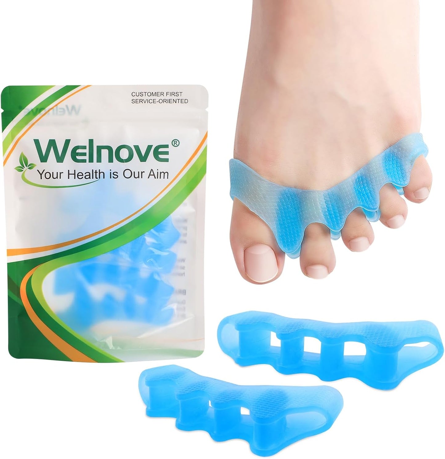 Welnove Toe Separators Spacers for Women - 4 Pack Gel Toe Straightener to Correct Bunions and Relieve Foot Pain - Silicone Toe Spacers for Toe Overlapping Yoga Practice, Non-Slip Design, Blue