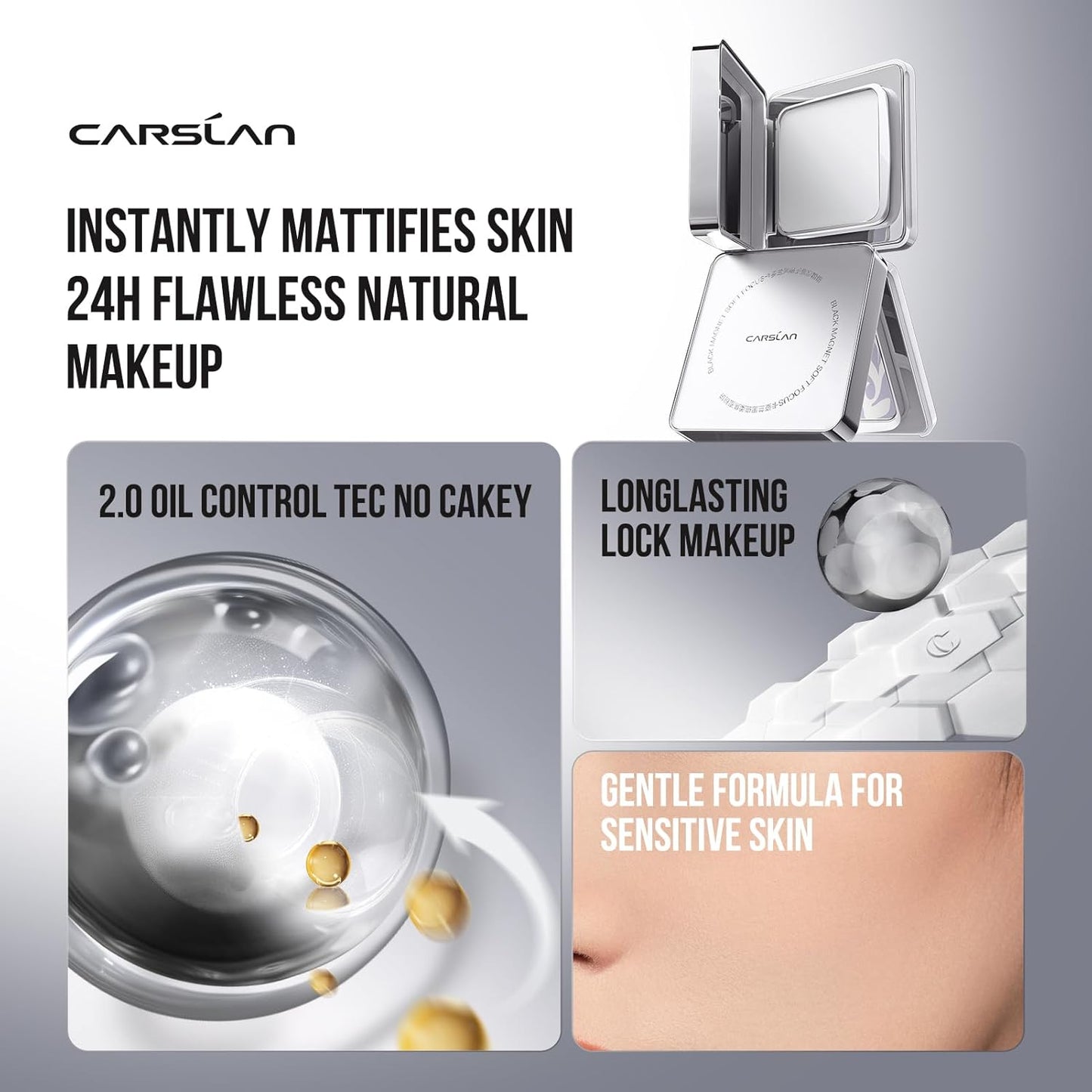 CARSLAN 2.0 Black Magnet Soft Focus Powder, Waterproof Translucent Pressed Setting Powder, 24H Longlasting Talc-Free Face Powder, Oil Control Compact Makeup,03 Translucent For Sensitive Skin, 0.28Oz