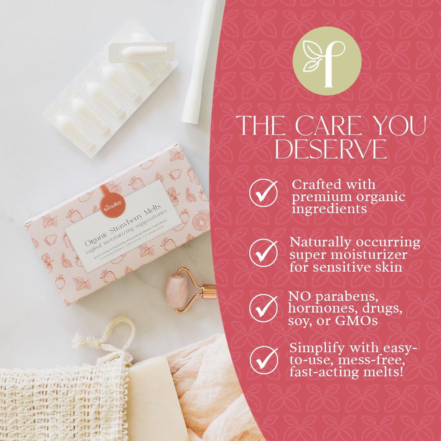 Femallay Organic Vaginal Moisturizing Suppositories – Strawberry – 100% Natural Relief for Dryness, Odor & Daily Feminine Discomfort – 14 Count + Applicator