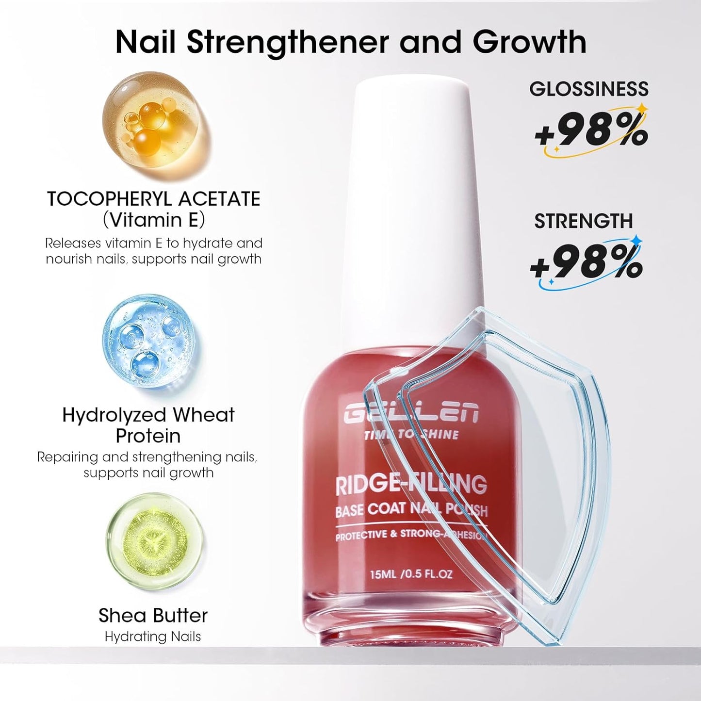 GELLEN Tinted Red Ridge Filler For Nails, Clear Nail Polish Ridge Filling Base Coat, Nail Strengthener and Growth, Hydrates Strengthens Nourishes Damaged Dry Nails, Shea Butter & Vitamin E & Protein