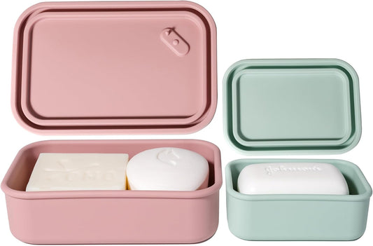 MtBoi 2PC Portable Leakproof Travel Soap Case, Silicone Soap Container, Compact Travel Holder with Drainage Layer, Camping, Gym, Outdoor Pink&MintGreen
