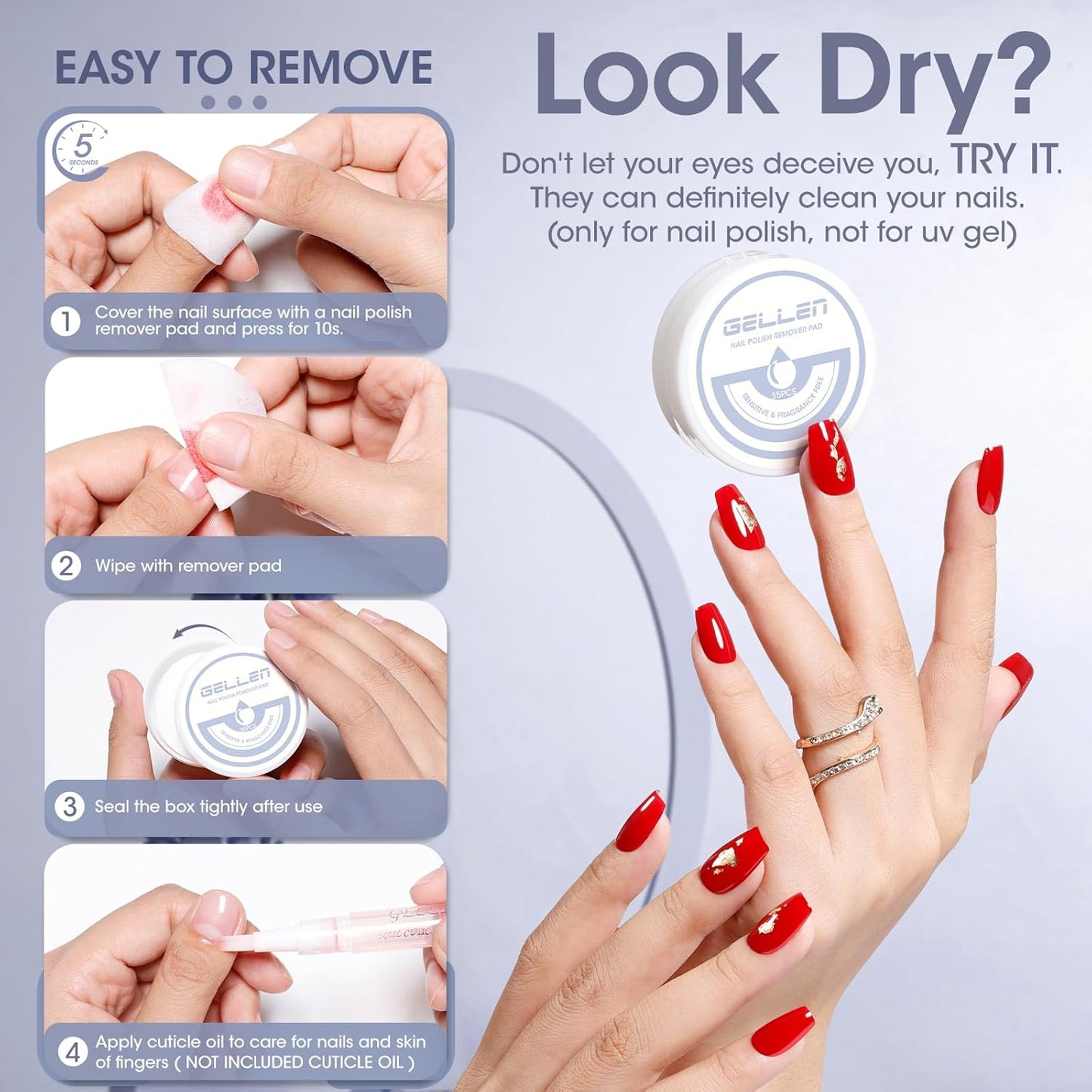 Gellen Non-Acetone Nail Polish Remover Pads, Fragrance-free Nail Polish Remover Wipes, Vitamin E & Jojoba Oil Formula, 140pcs Travel Size Nails Wets Bulk Set, No Leakage, Long-lasting For 5+ Months