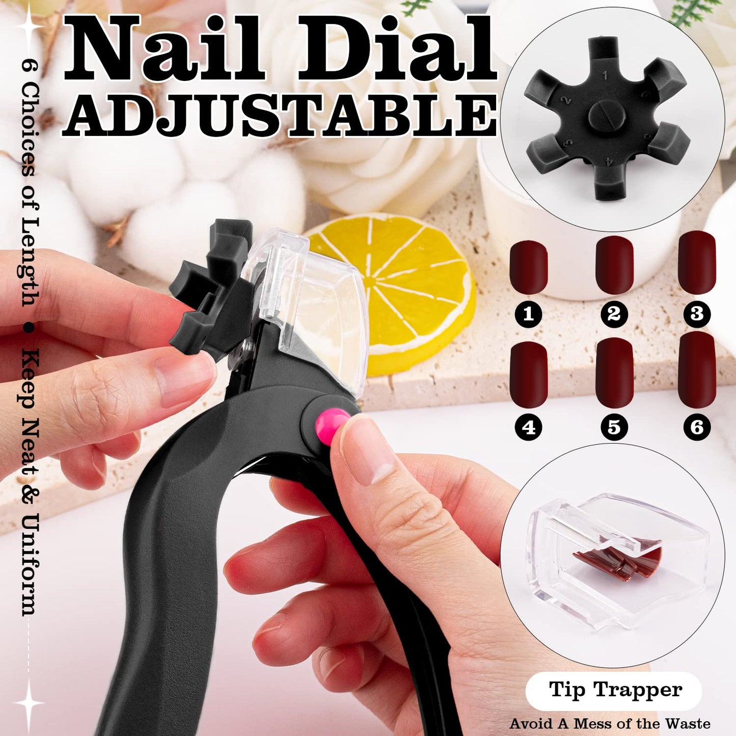 Black Acrylic Nail Clippers, Adjustable Nail Tip Cutter with Length Measurement, Stainless Steel Acrylic Nail Tips Trimmer Cutter Dial Clippers with Sizer for Fake False Nail Art Manicure Home DIY