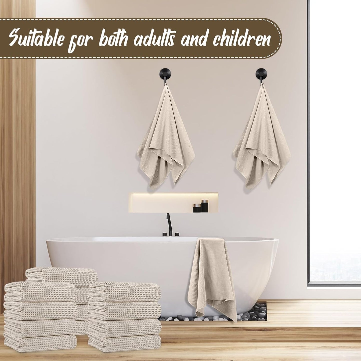 12 Pack Microfiber Bath Towels Bulk 27'' x 60'' Oversized Size Bath Towel Highly Absorbent Extra Large Soft Drying for Shower Beach Salon Winter Sport Spa Gym (Waffle,Beige)