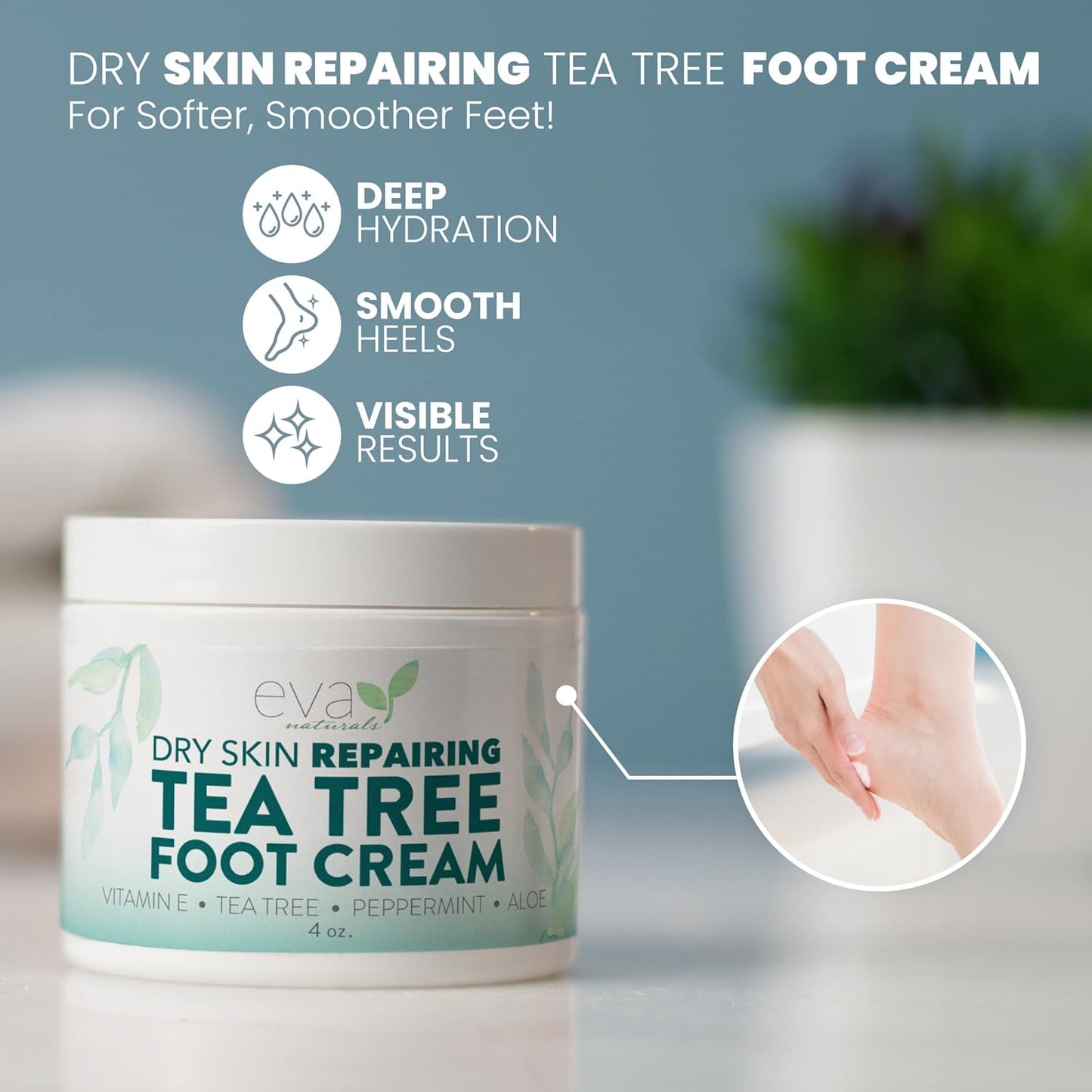 Eva Naturals Tea Tree Foot Cream - Foot Lotion with Peppermint, Menthol and Spearmint - Soothing Foot Cream Treatment for Dry Cracked Heels and Feet