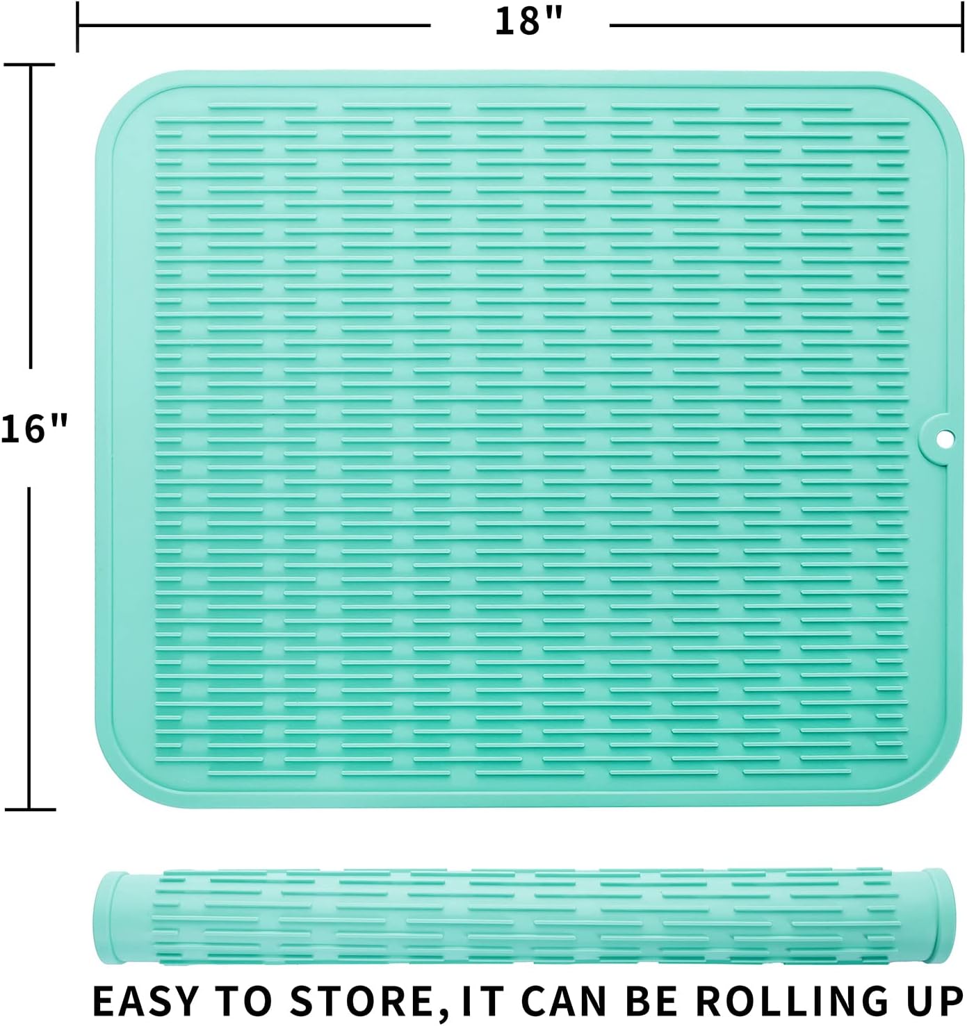 Silicone Dish Drying Mat for Multiple Usage,Easy clean,Eco-friendly,Heat-resistant Silicone Mat for Kitchen Counter or Sink,Refrigerator or Drawer Liner Mint XL 18 inches x 16 inches