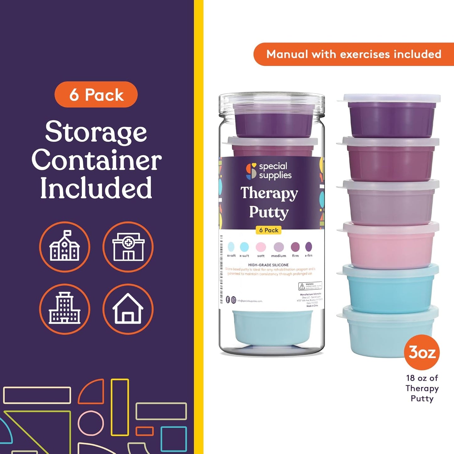 Special Supplies Therapy Putty for Kids and Adults - Resistive Hand Exercise Stress Relief Kit, Set of 6 Strengths, 3 Ounces of Each Putty - Unicorn Colors