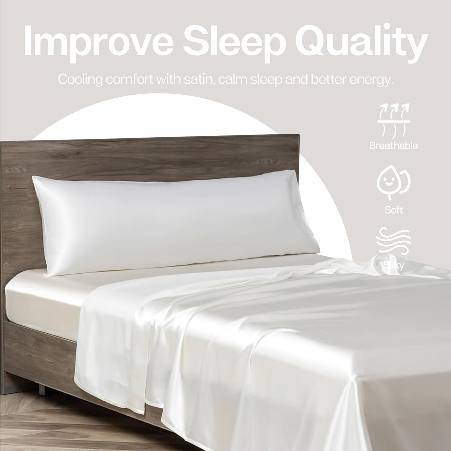 MR&HM Satin Body Pillow Cover, Soft and Breathable Body Pillow Case with Envelope Closure, Cooling and Silky Long Pillowcase for Hair and Skin,Grey (20x54, Ivory)