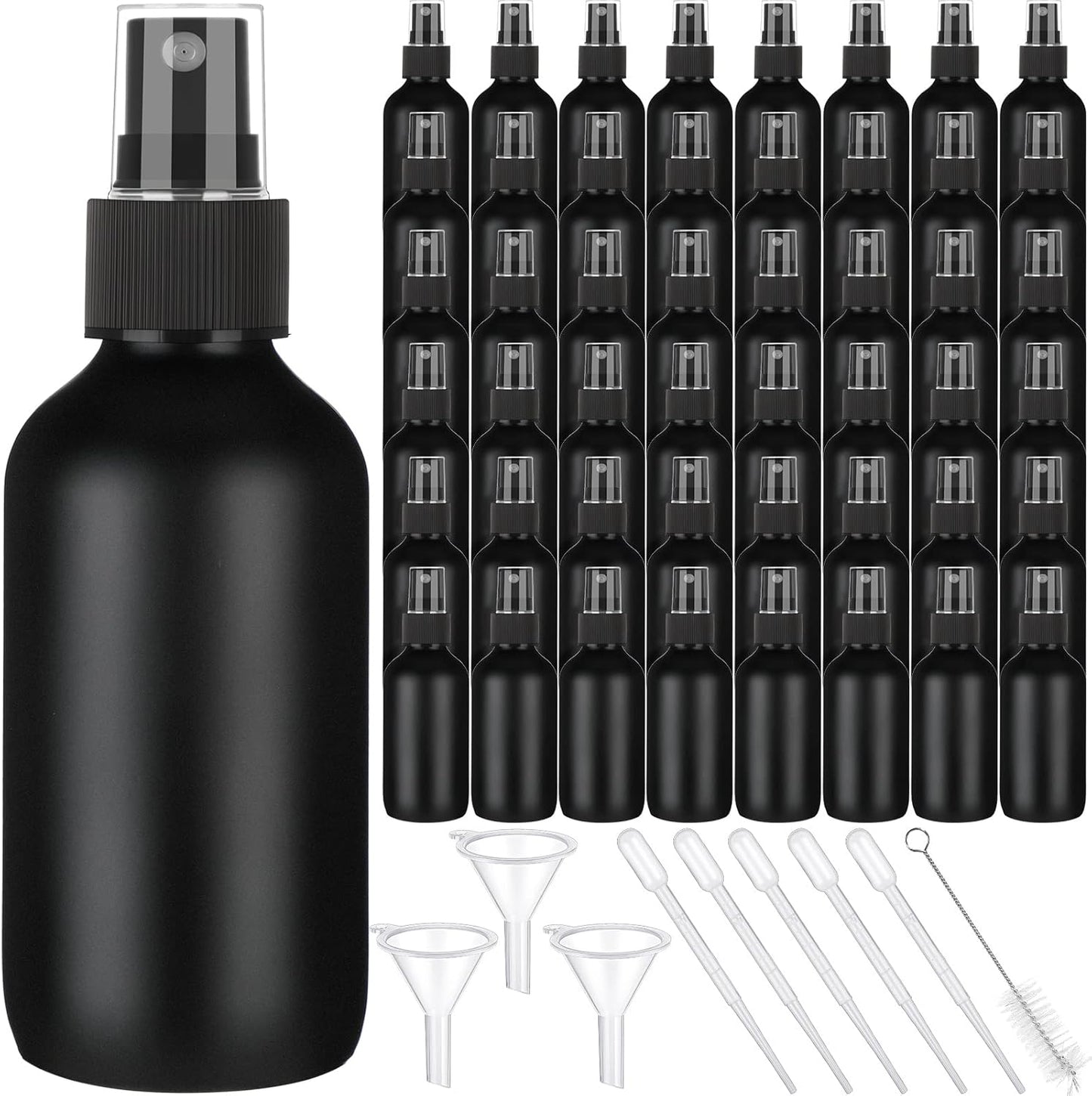 Nuogo 50 Pieces Mini Glass Spray Bottles Bulk 4 Oz Fine Mist Glass Bottles with Funnel Dropper and Cleaning Brush Refillable for Essential Oils, Perfumes and Aromatherapy(Black)