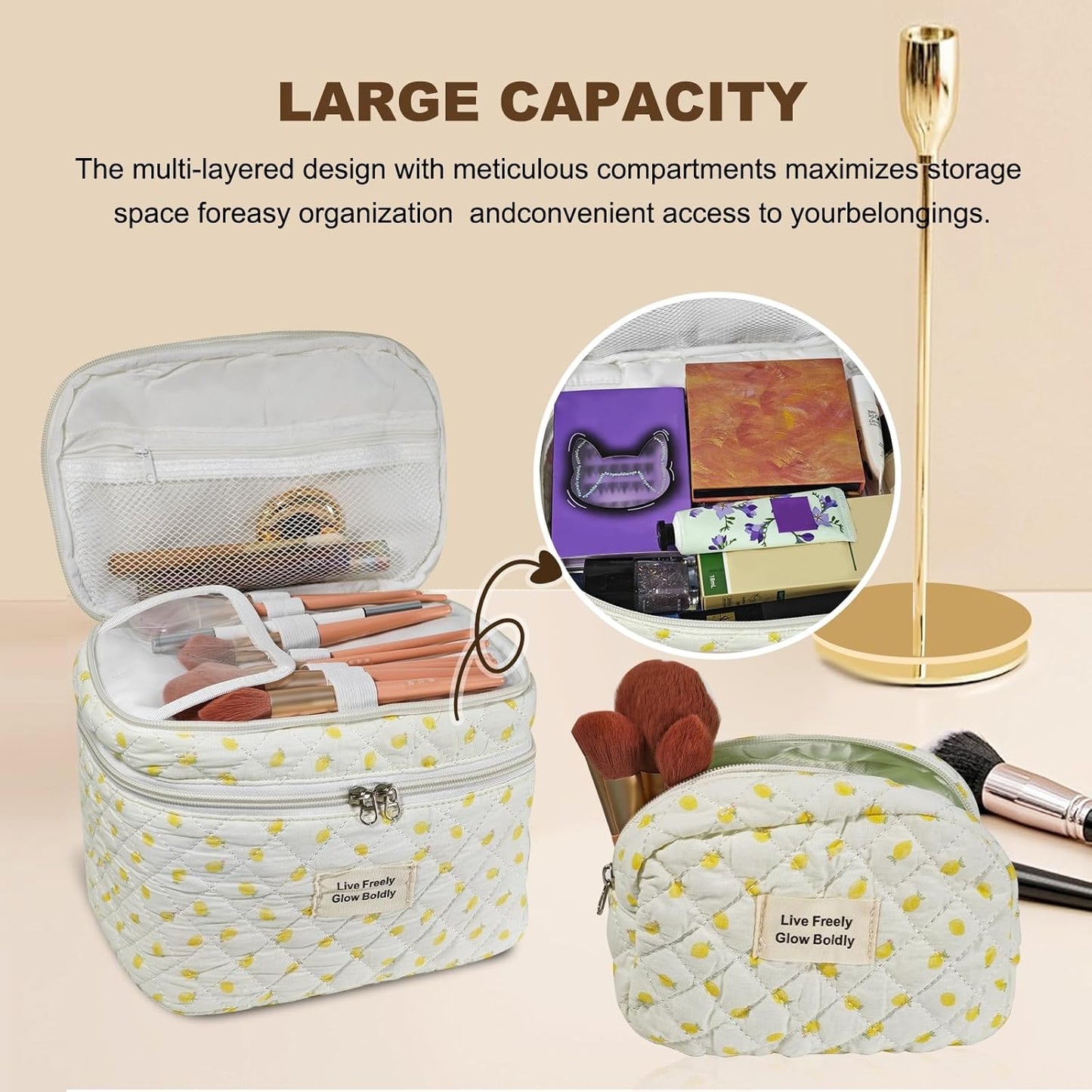 3Pcs Large Travel Quilted Makeup Bag, Double Layer Cute Floral Cotton Toiletry Bag, Aesthetic Flower Cosmetic Bag Coquette Skincare Organizer Bag for Women (78-Lemon)