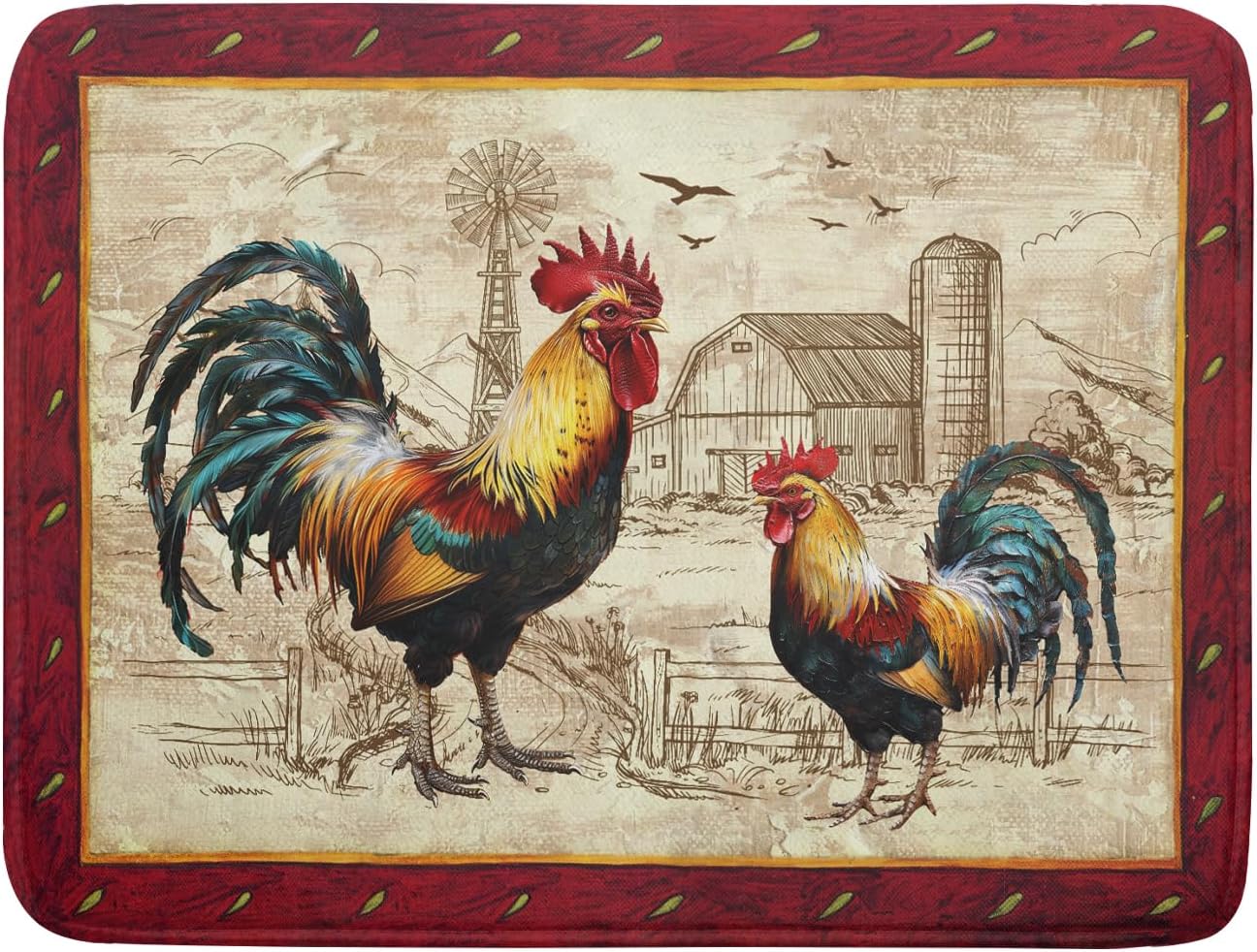 Farm Rooster Dish Drying Mat for Countertop 18x24 Inches Red Rustic Chicken Absorbent Microfiber Dry Dishes Pads Kitchen Counter Accessories